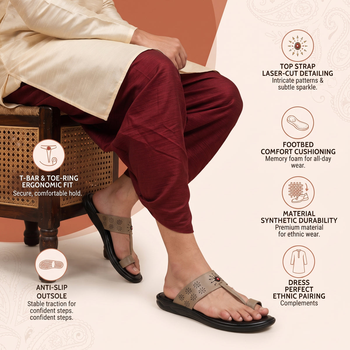 AJANTA Lightweight Kolhapuri Chappal For Men | Traditional Ethnic Toe Ring Sandals | Comfortable Cushioned Anti-Skid Chappal | Daily Wear, Wedding, Puja & Special Occasions Casual Footwear for Men