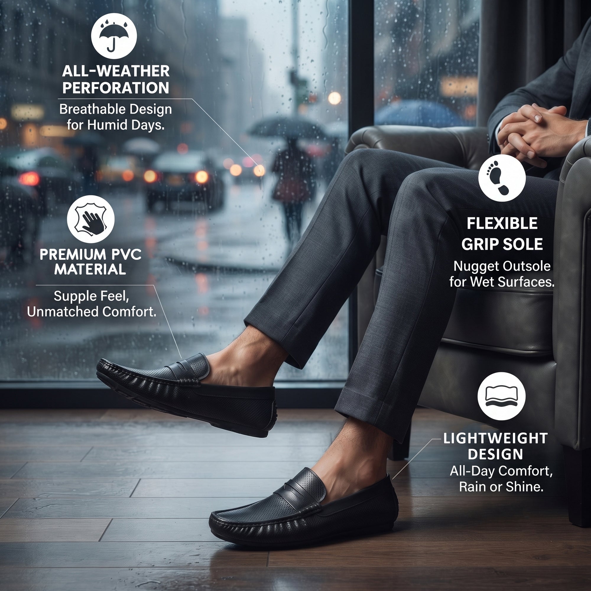 AJANTA Waterproof Slip-On PVC Loafers Shoes for Men | Lightweight Anti-Skid Casual Office Shoes for Men | Comfortable Fit Rainy Shoes & Moccasin Footwear for Travel & Driving Brown