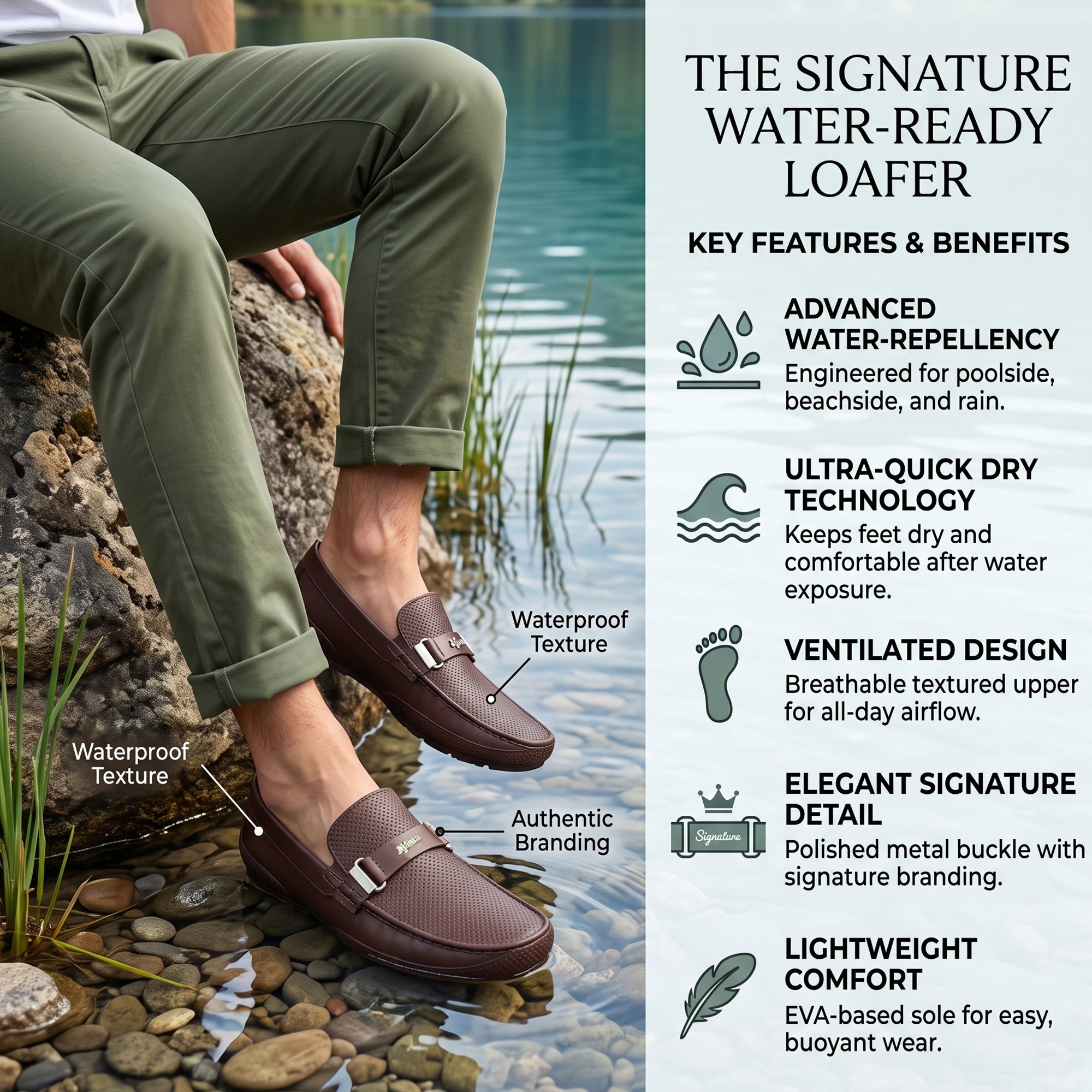 AJANTA PVC Loafers Monsoon Shoes for Men | Waterproof Slip Resistant Flexible Outsole | Lightweight Slip-On Embossed Metal Buckle Casual Rain Shoes for Office & Party Brown