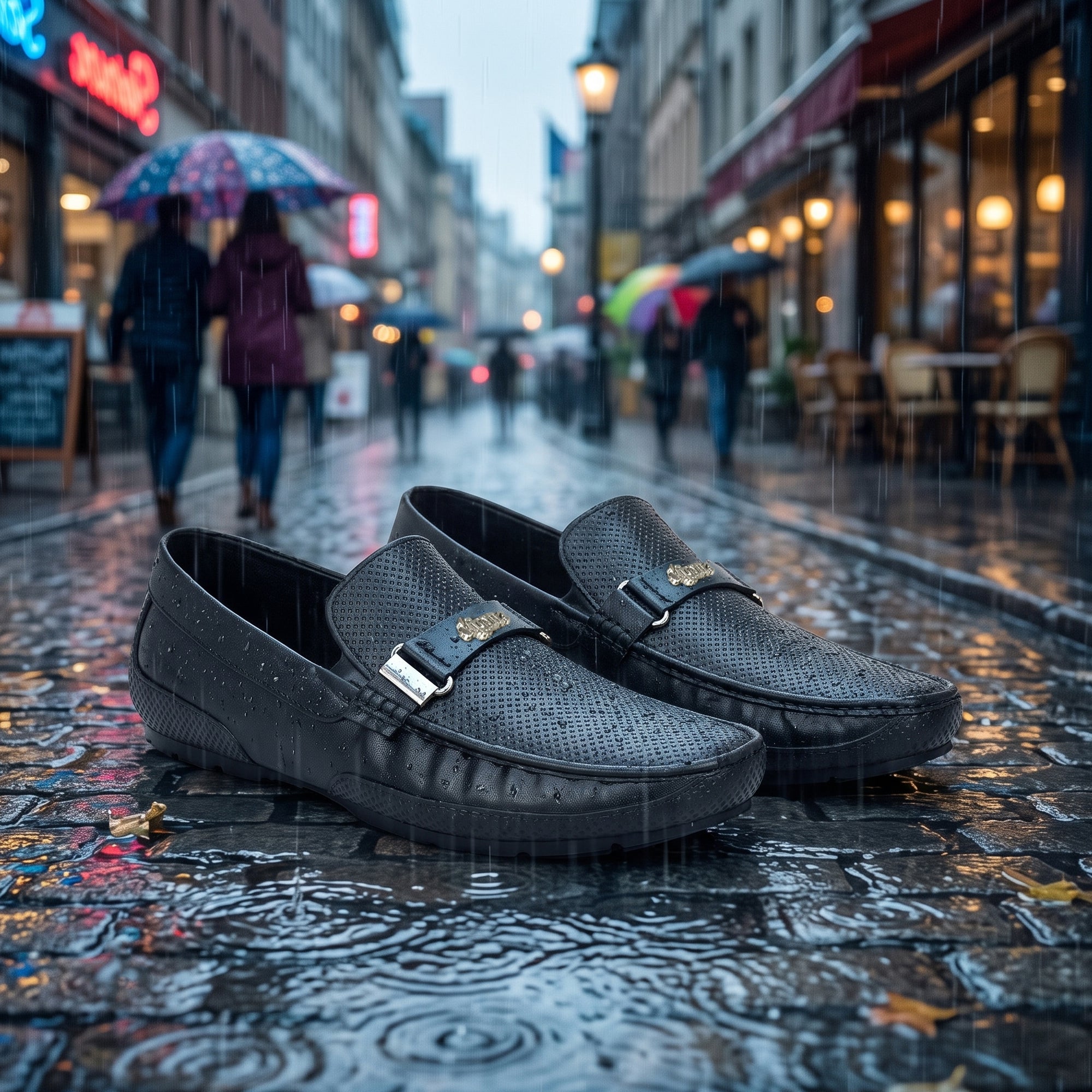 AJANTA PVC Loafers Monsoon Shoes for Men | Waterproof Slip Resistant Flexible Outsole | Lightweight Slip-On Embossed Metal Buckle Casual Rain Shoes for Office & Party Brown