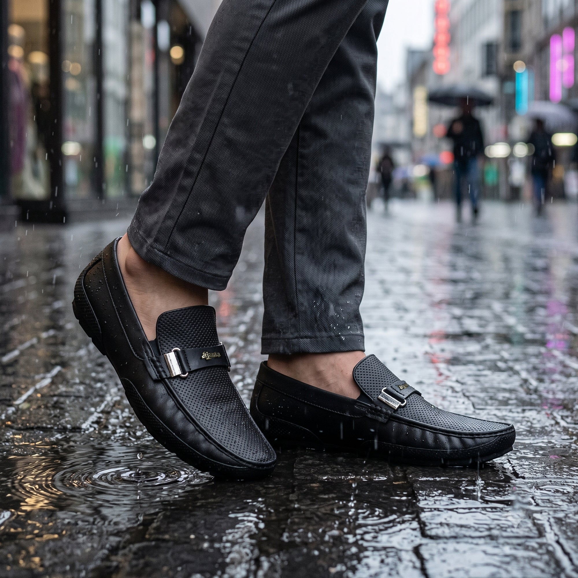 AJANTA PVC Loafers Monsoon Shoes for Men | Waterproof Slip Resistant Flexible Outsole | Lightweight Slip-On Embossed Metal Buckle Casual Rain Shoes for Office & Party Brown