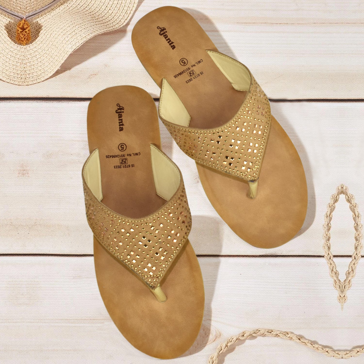 Ajanta Beige Thong Style Embellished Slip-on Flat Sandal for Women EL1021