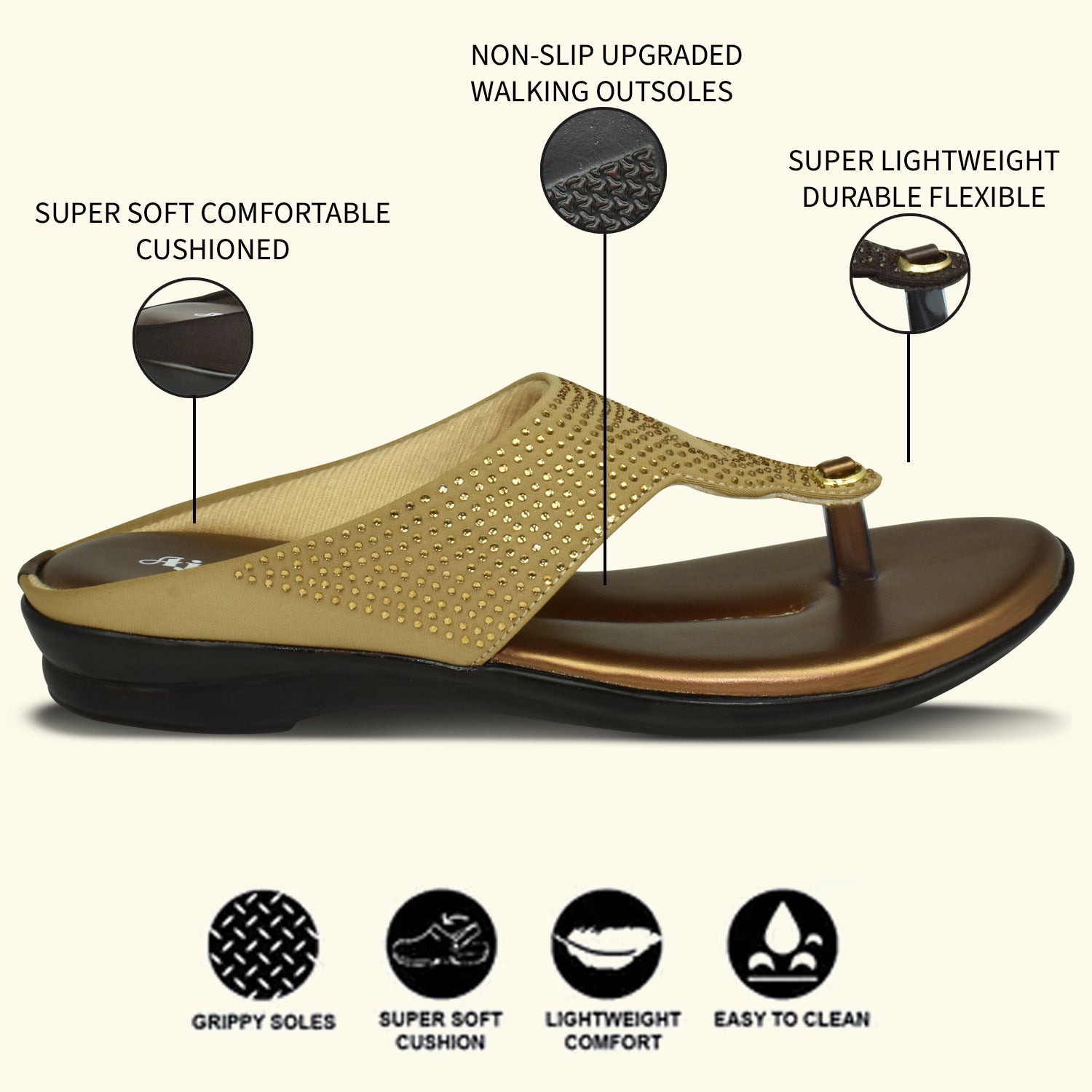 AJANTA Women's Copper Flat Sandals | Stylish Synthetic Upper | Lightweight EVA Sole | Comfortable Everyday Wear Sandal EL1029