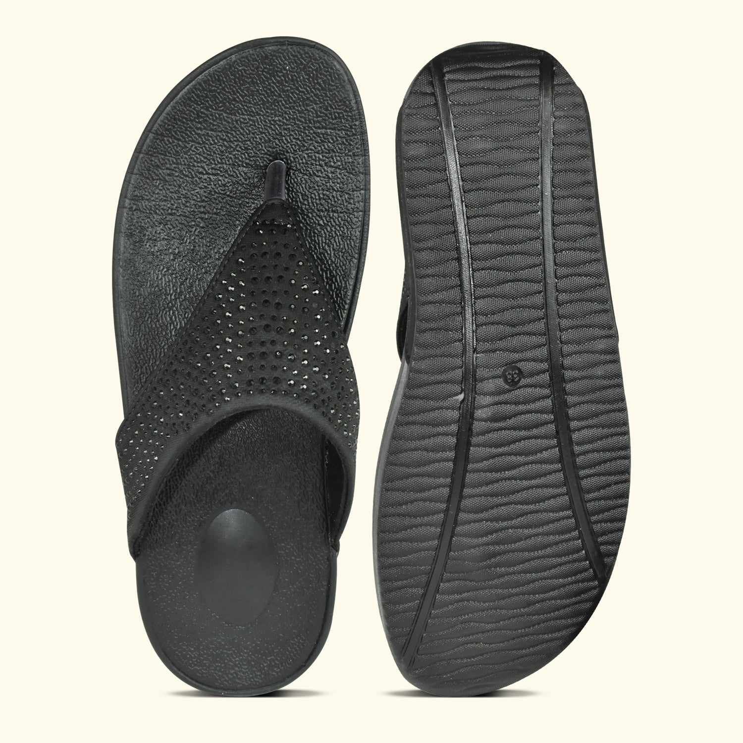 Ajanta Women's Black Flat Sandals | Cushioned EVA Insole | Stylish Synthetic Outer Material | Lightweight Daily Wear Sandal EL1032