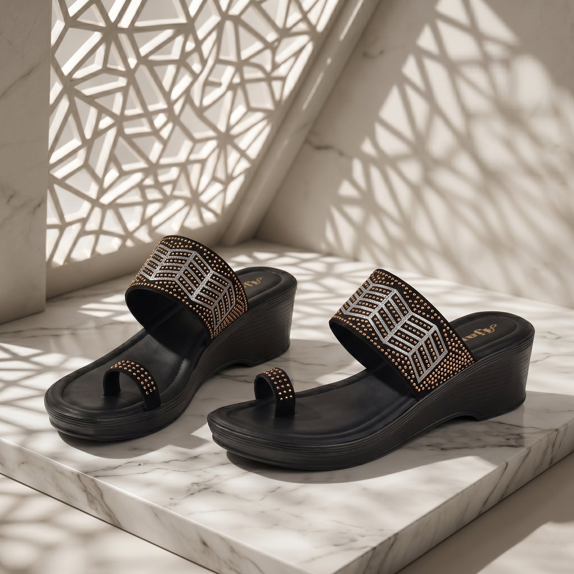 AJANTA Women Embellished Wedge Heel Sandals | Comfortable Slip-On Daily Wear Casual Footwear Black