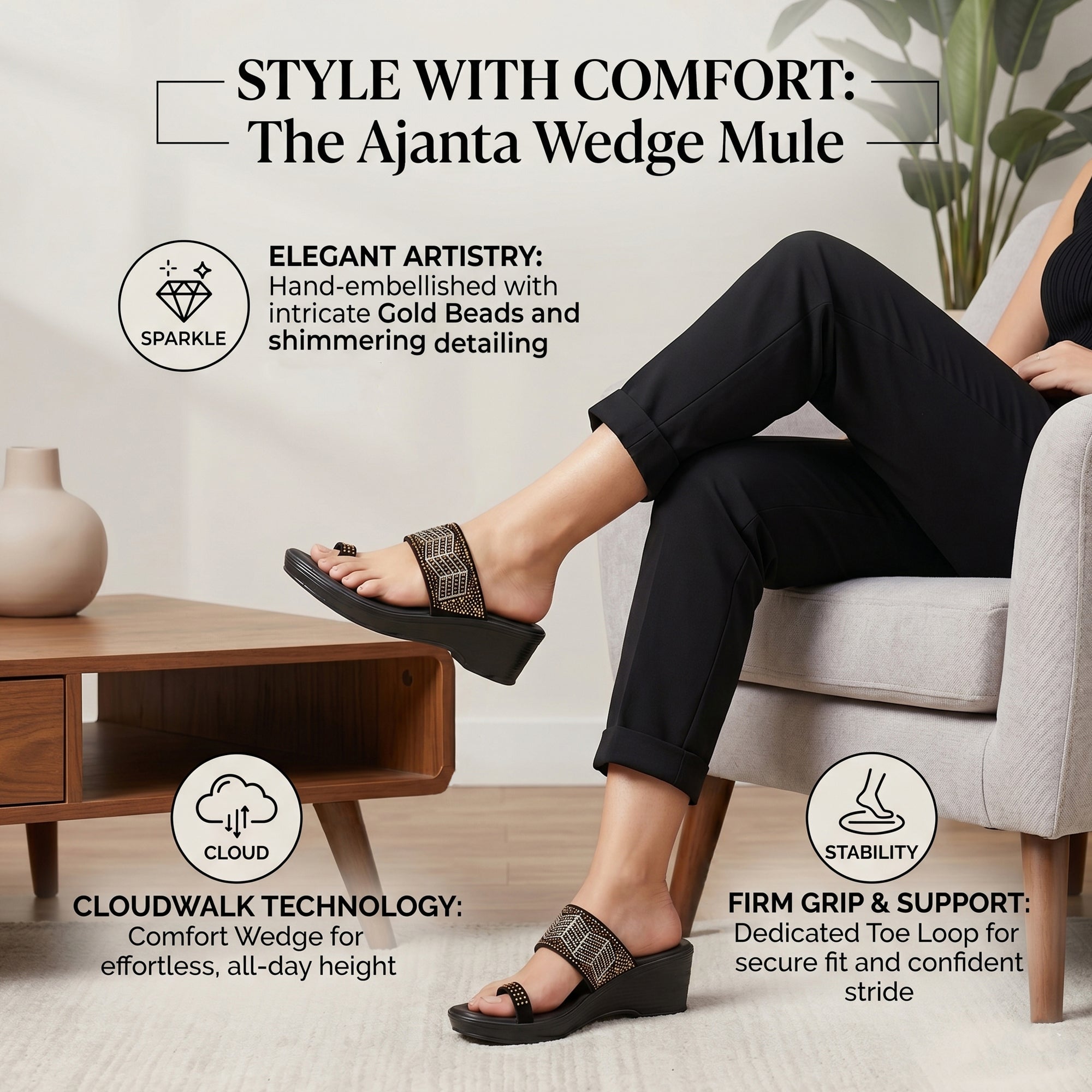 AJANTA Women Embellished Wedge Heel Sandals | Comfortable Slip-On Daily Wear Casual Footwear Black