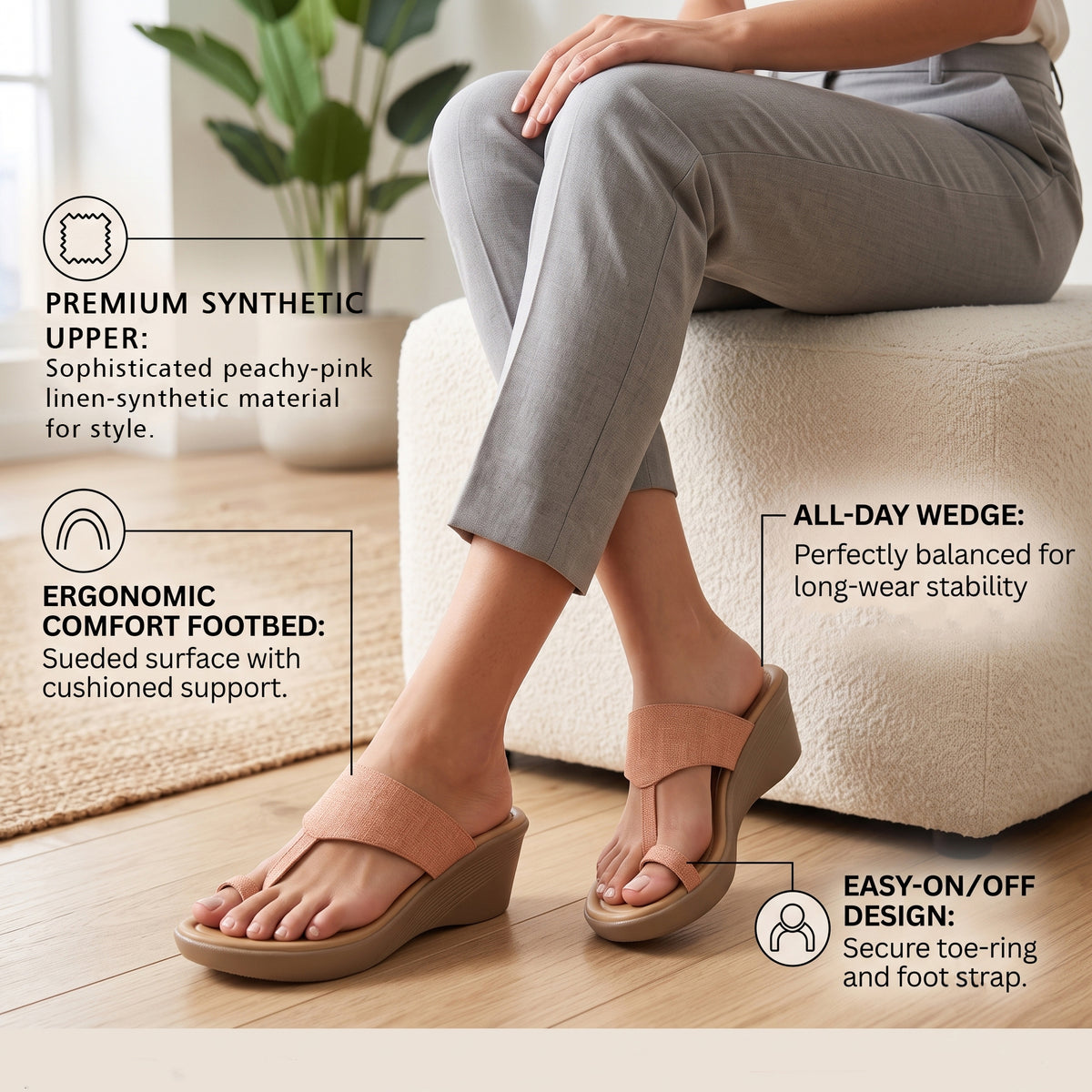 AJANTA Premium Comfort Wedge Sandals for Women | Slip-On Stylish Trendy Toe Ring Sandals | Lightweight Casual Festive Ethnic Wear | Durable Wedge Chappals Perfect for Wedding, Festive Outfits, Travel
