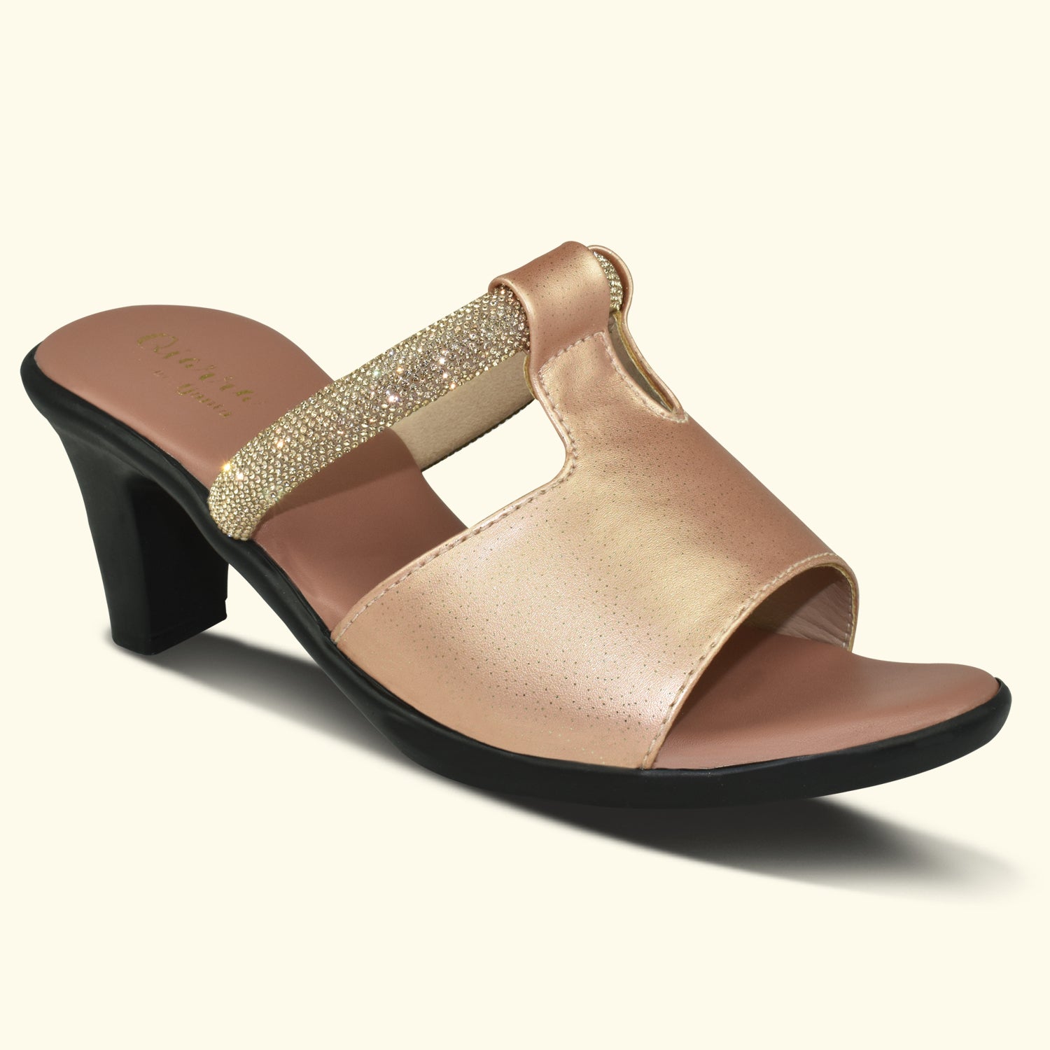 Qiarra Women Rose Gold Open Toe Slip-on Block Heel Sandal with Embellished Upper EL3027