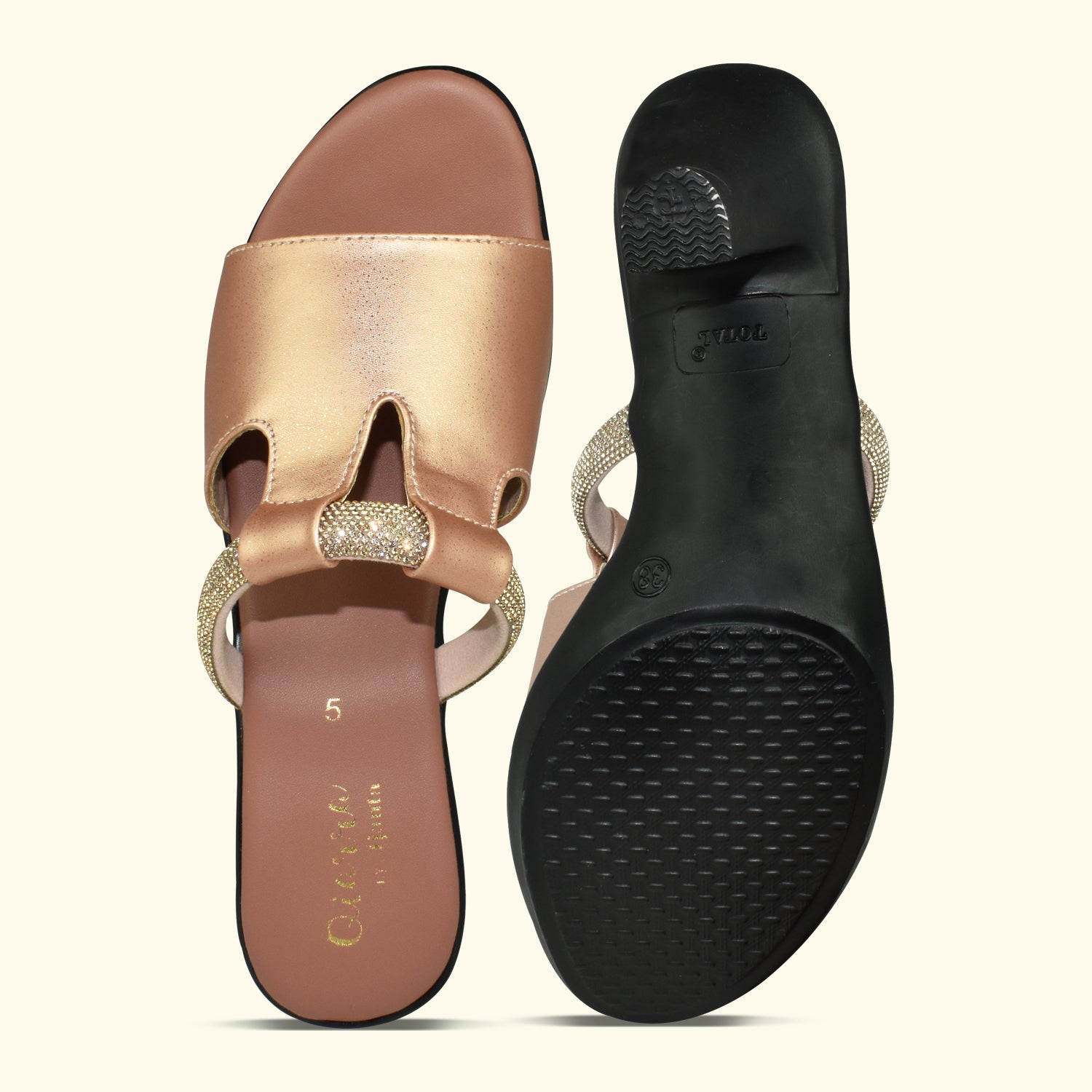 Qiarra Women Rose Gold Open Toe Slip-on Block Heel Sandal with Embellished Upper EL3027