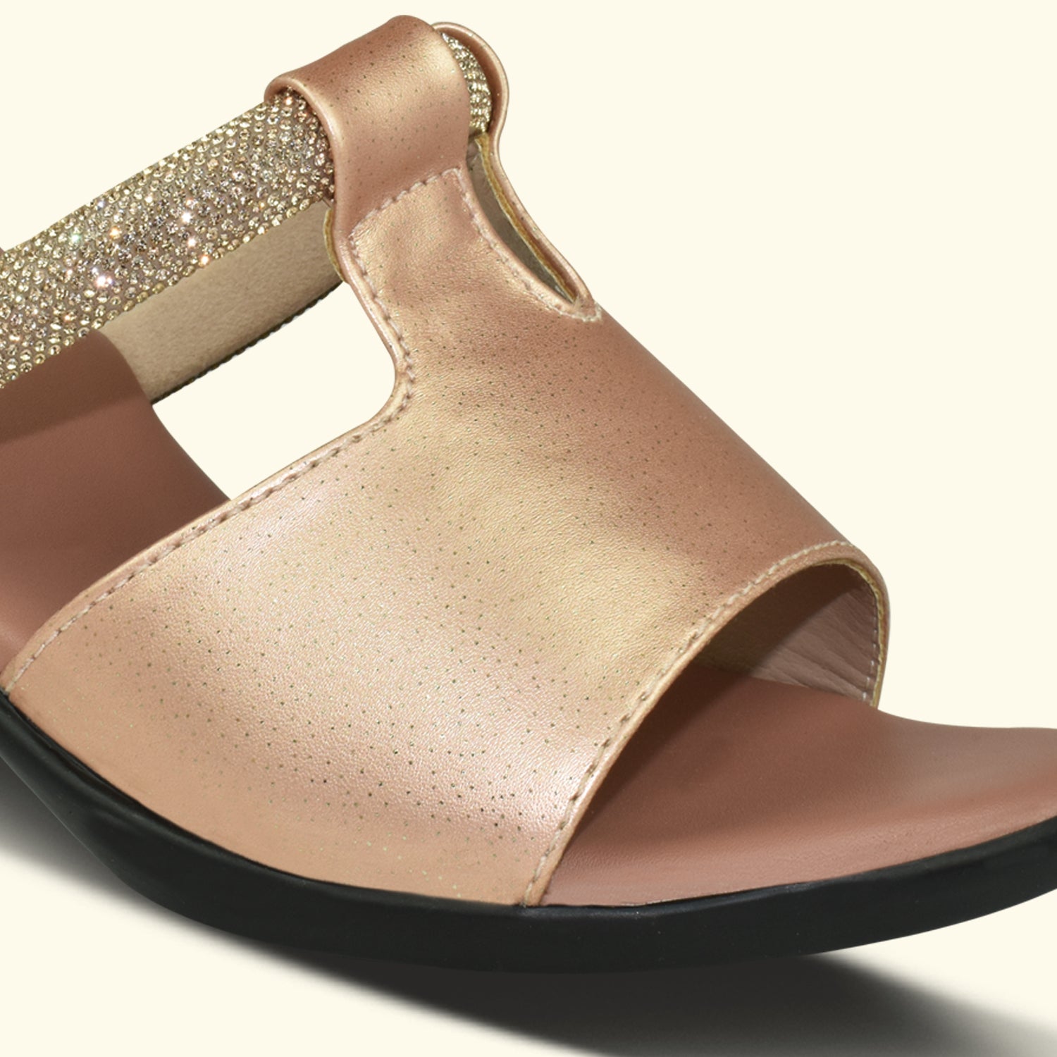 Qiarra Women Rose Gold Open Toe Slip-on Block Heel Sandal with Embellished Upper EL3027