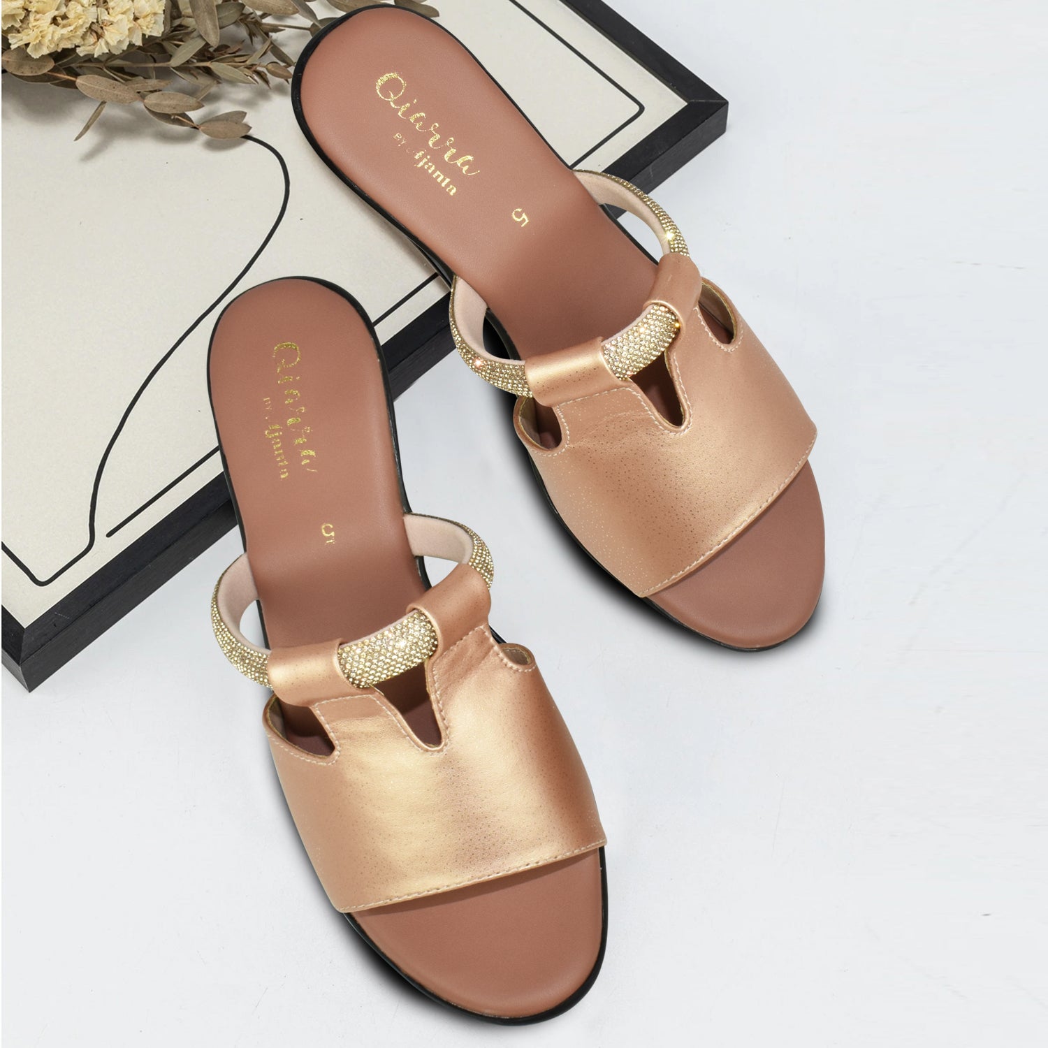 Qiarra Women Rose Gold Open Toe Slip-on Block Heel Sandal with Embellished Upper EL3027