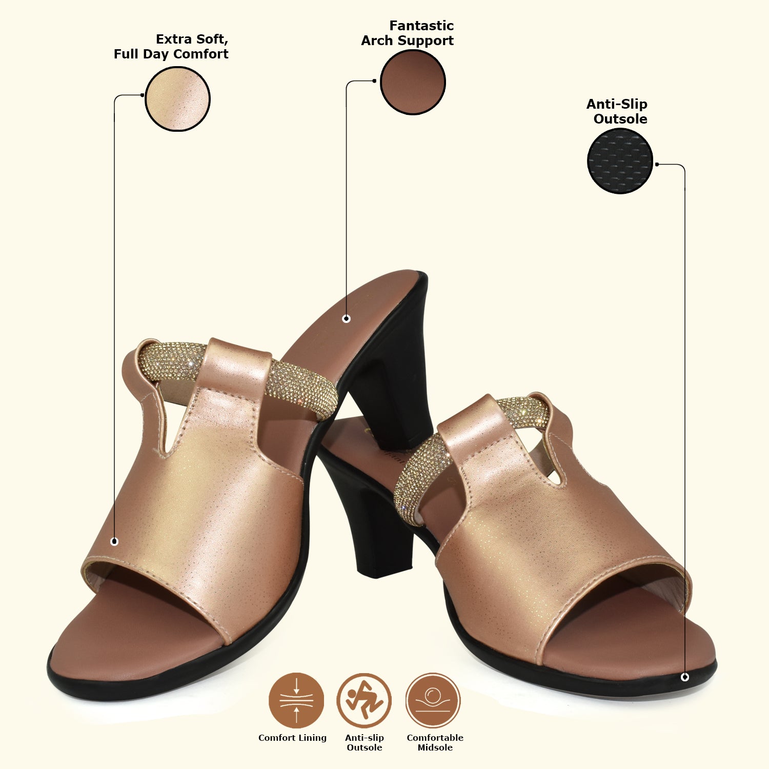 Qiarra Women Rose Gold Open Toe Slip-on Block Heel Sandal with Embellished Upper EL3027