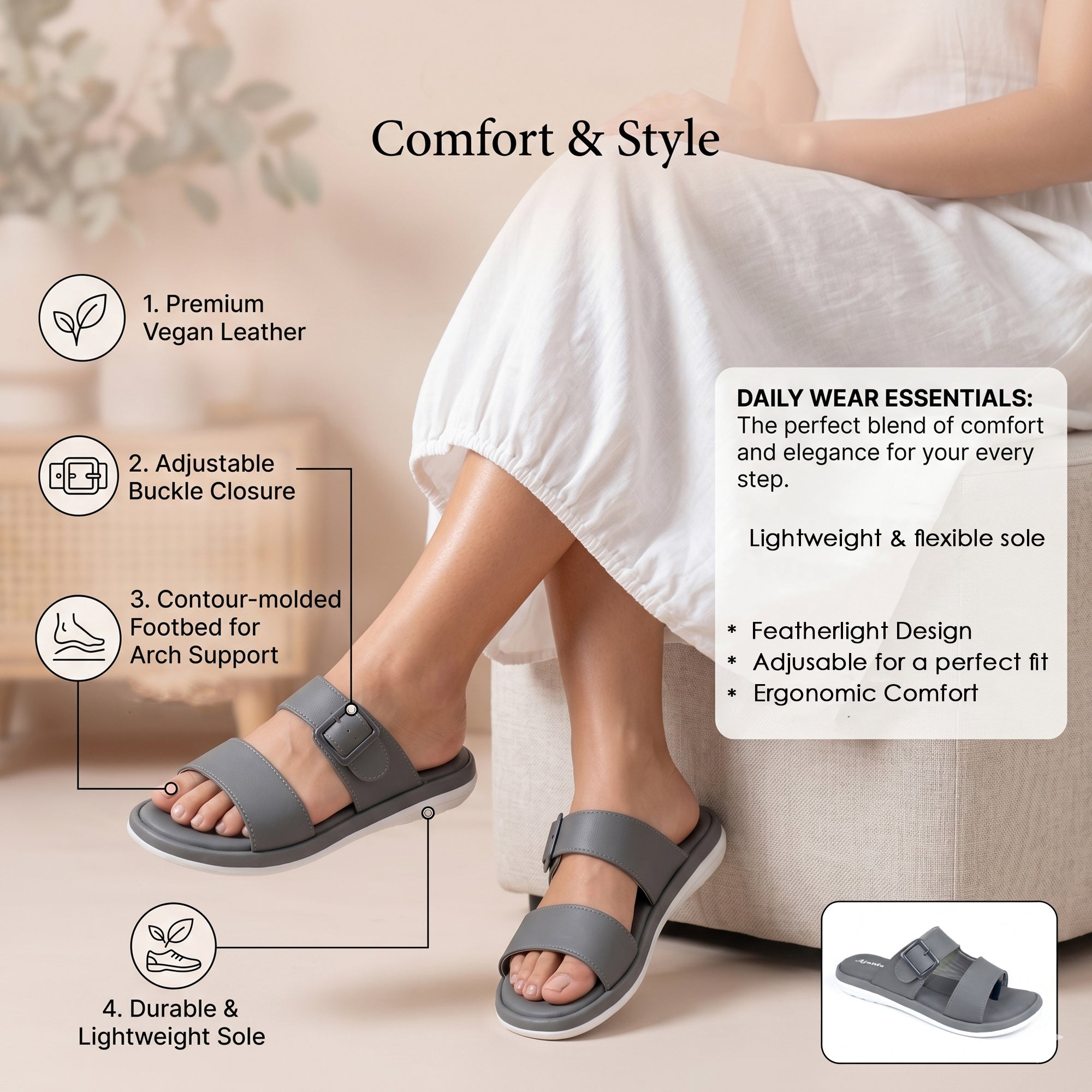 AJANTA Women's Double Strap Flat Sandals | Casual Slip-On Ladies Chappal with Cushioned Footbed