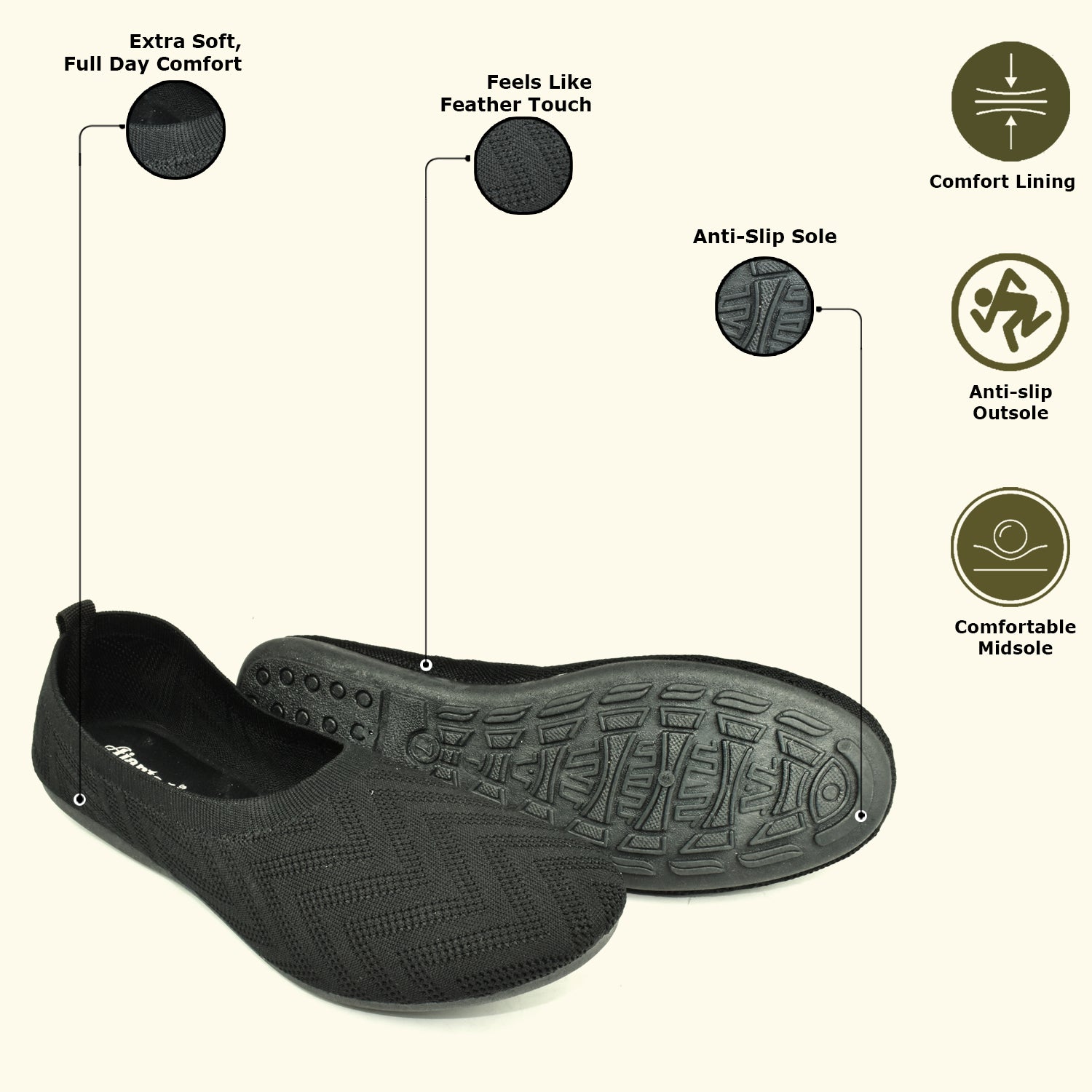 Ajanta Women's Black Bellies with Cushioned Comfort | Breathable Flynet Upper | Flexible PVC Sole | Stylish & Comfortable Bellies EL5031