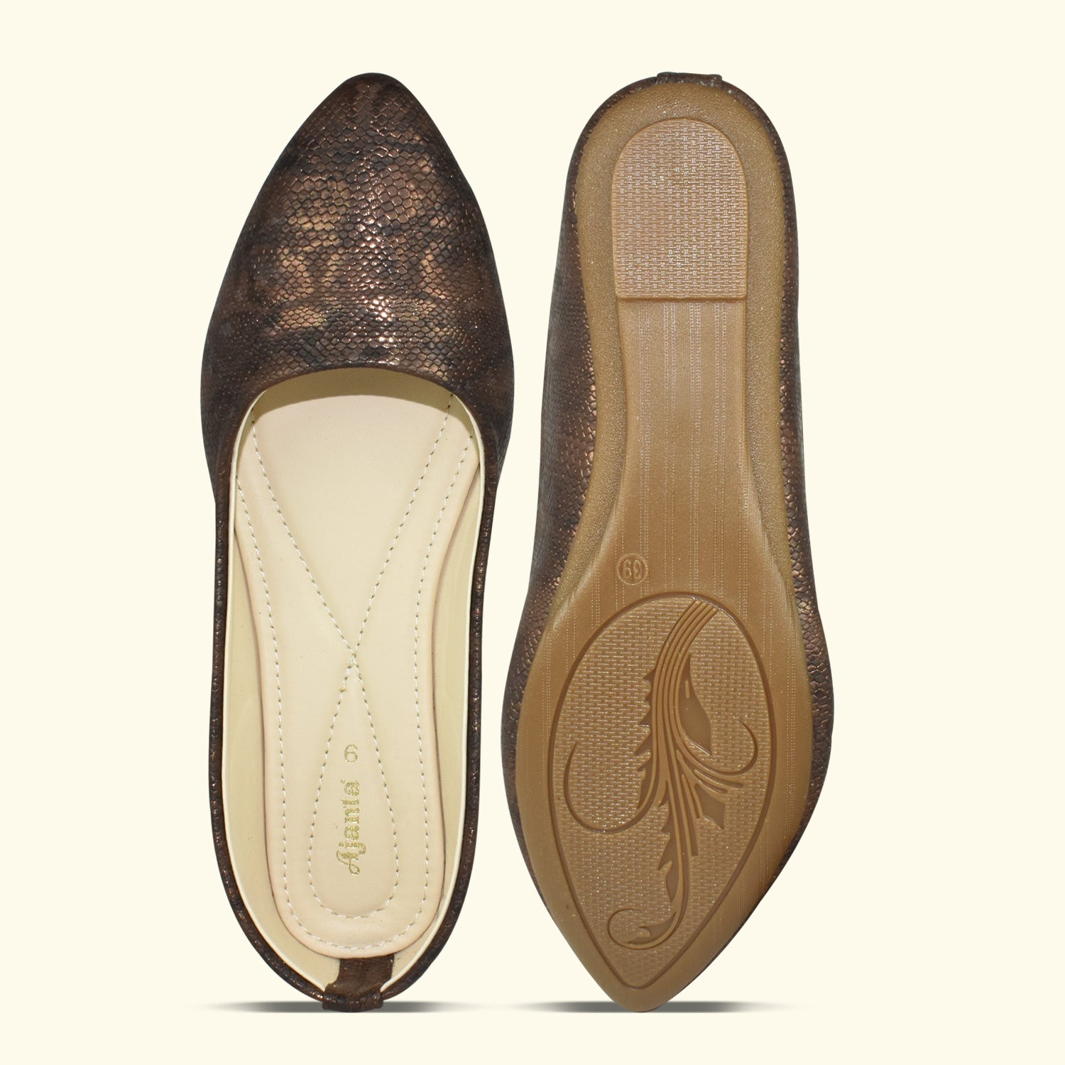 Ajanta Women Copper Snake Skin Printed Upper Pointed Toe Bellies EL5048