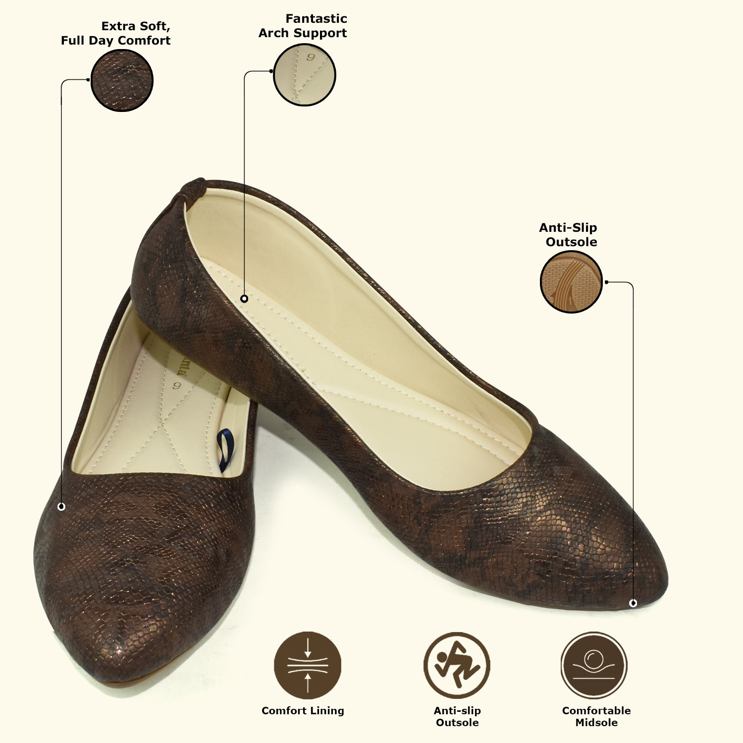 Ajanta Women Copper Snake Skin Printed Upper Pointed Toe Bellies EL5048