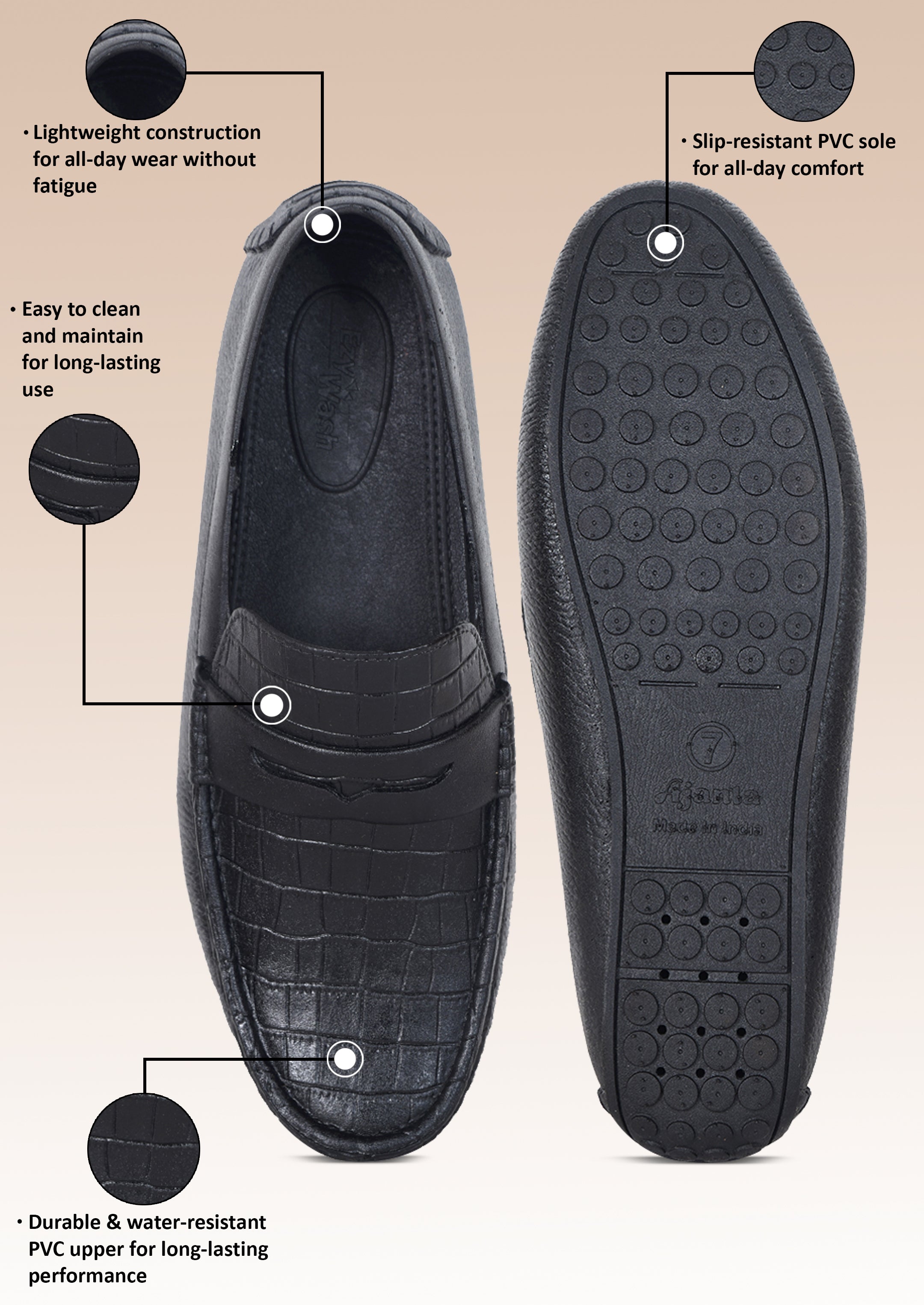 AJANTA Casual PVC Waterproof Loafers For Men / Waterproof & Durable Slip-On Shoes for Daily Wear / Casual Shoes for Work, Travel & Daily Wear FK0077