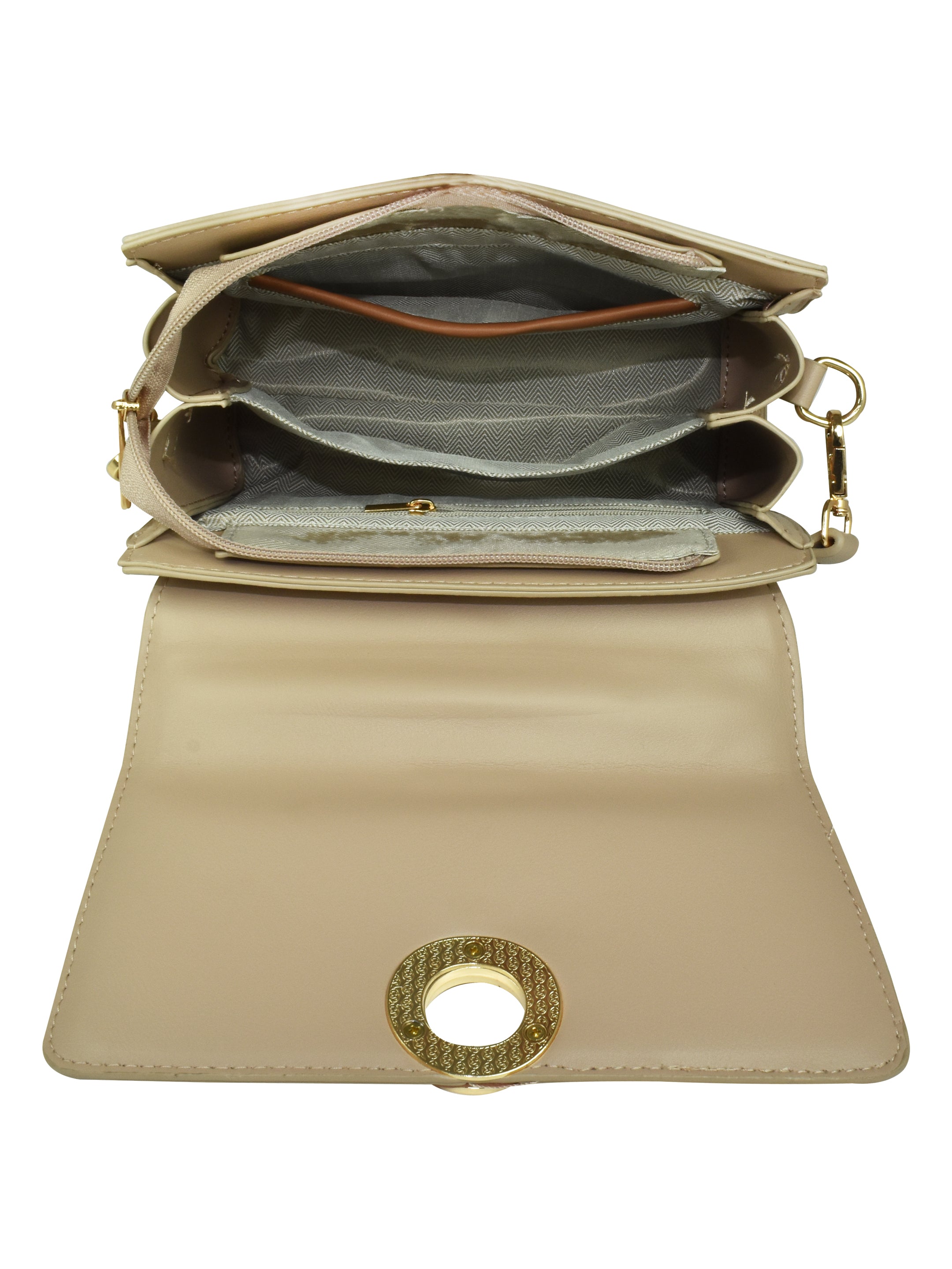 QIARRA by Ajanta Beige & Brown Synthetic Sling Bag for Women | 2 Compartments | Buckle Lock | Zipper Chains | Handle Detachable Sling Strap-VB8013