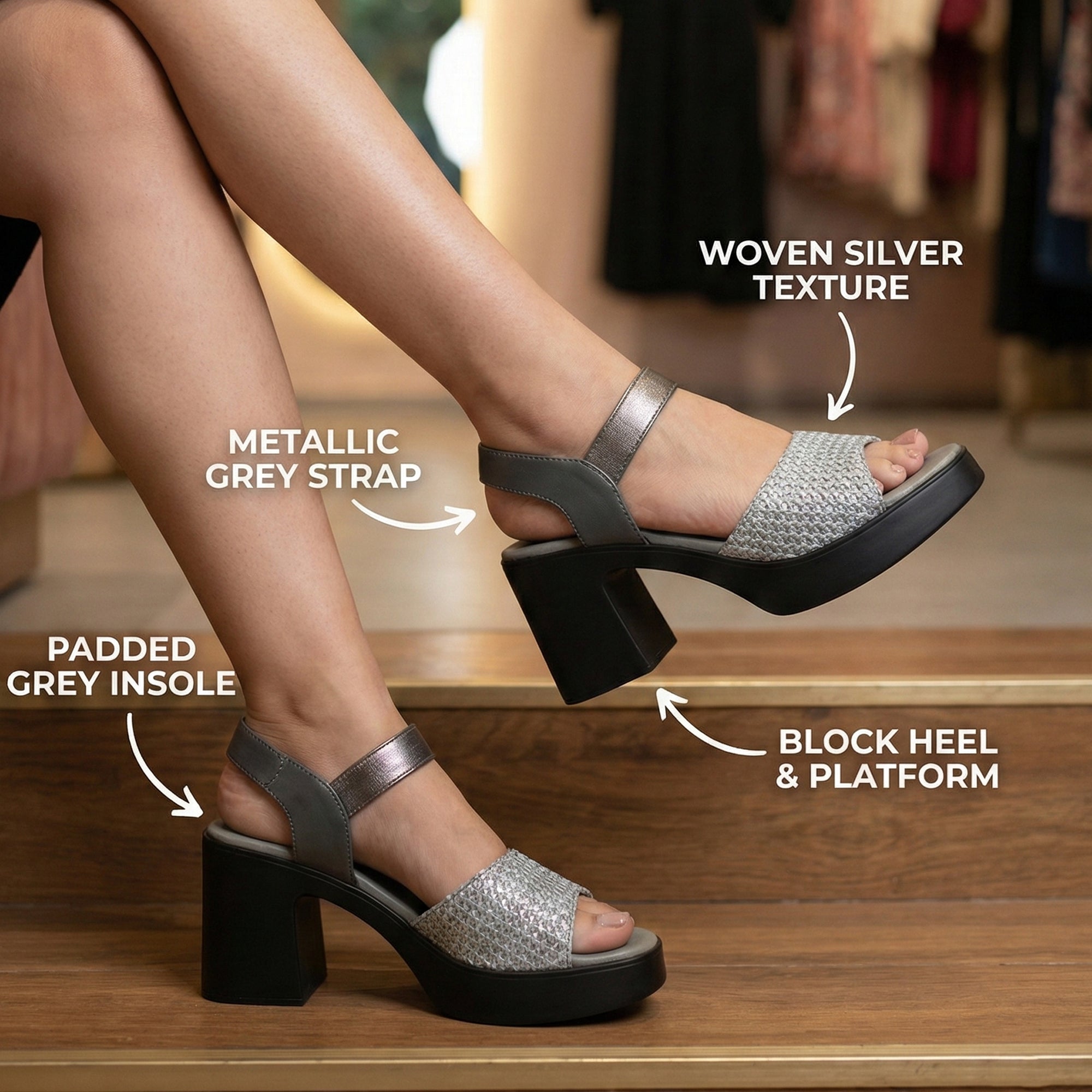 Ajanta Women’s Stylish Grey Block Heel Sandals with Textured Strap