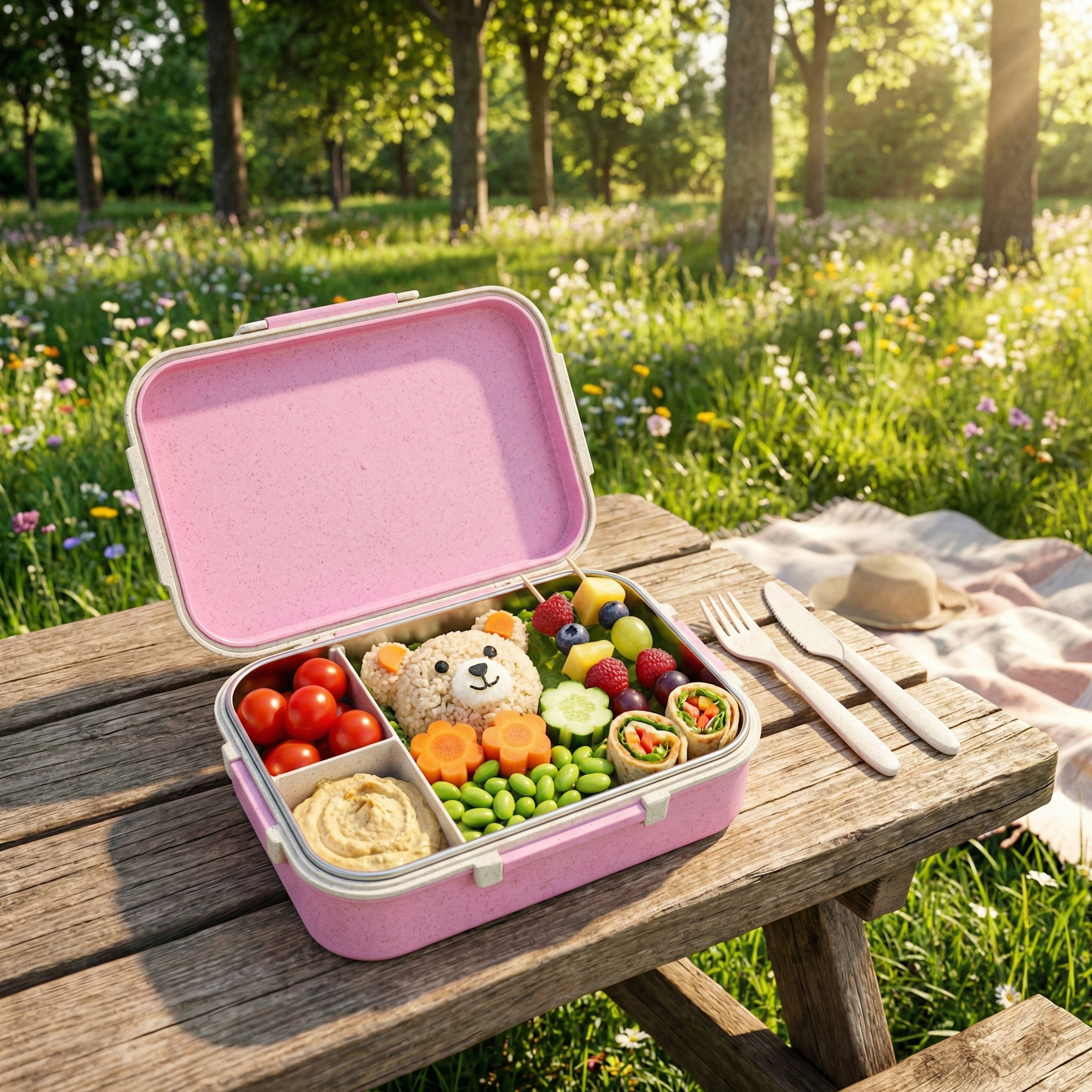 Ajanta BPA-Free 3-Section Lunch Meal Box with Snap Lock Lid & Transparent Cutlery Compartment for Kids