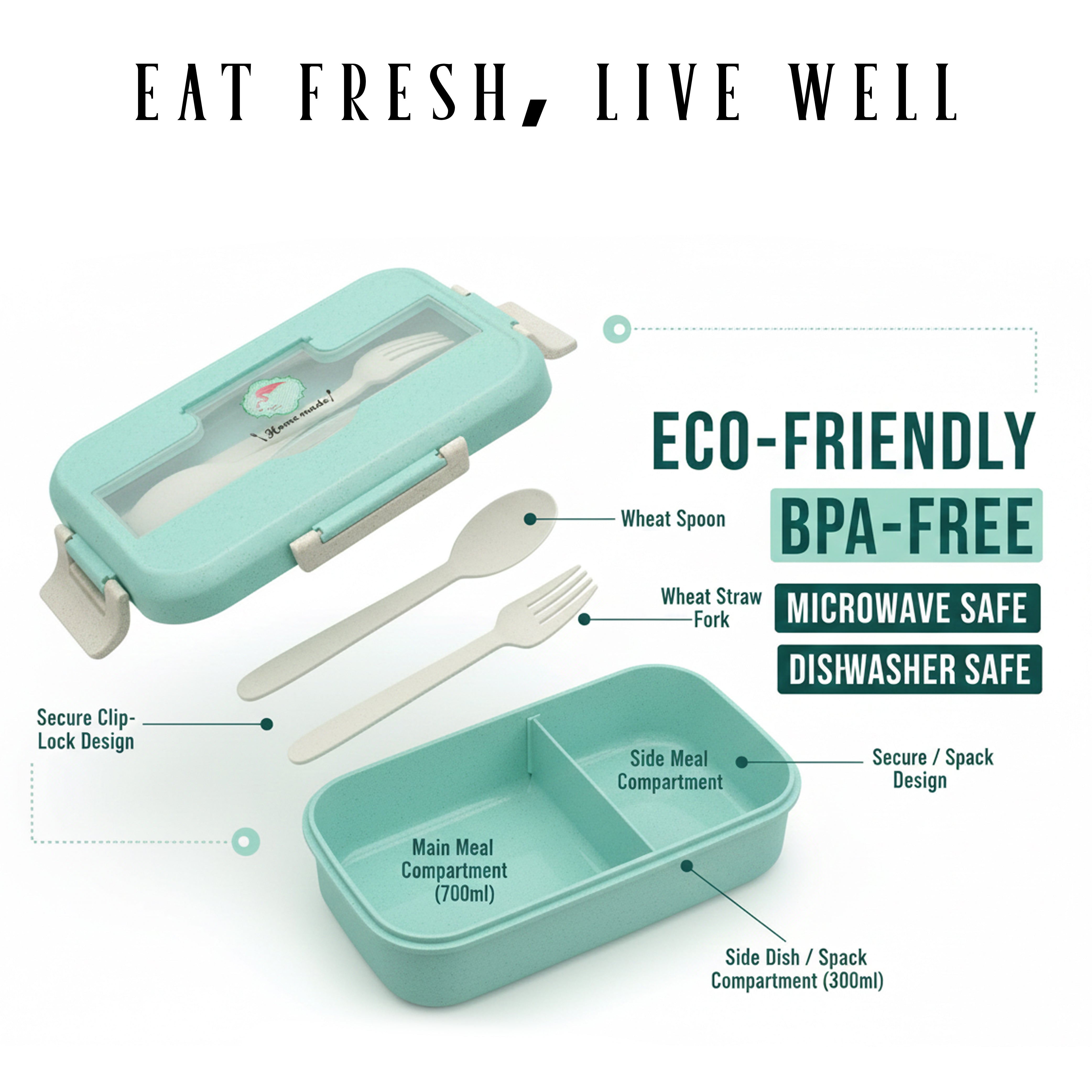 Ajanta BPA-Free Lunch Box for Kids & Adults | 2-Section Meal Box with Snap Lock Lid & Transparent Cutlery Compartment