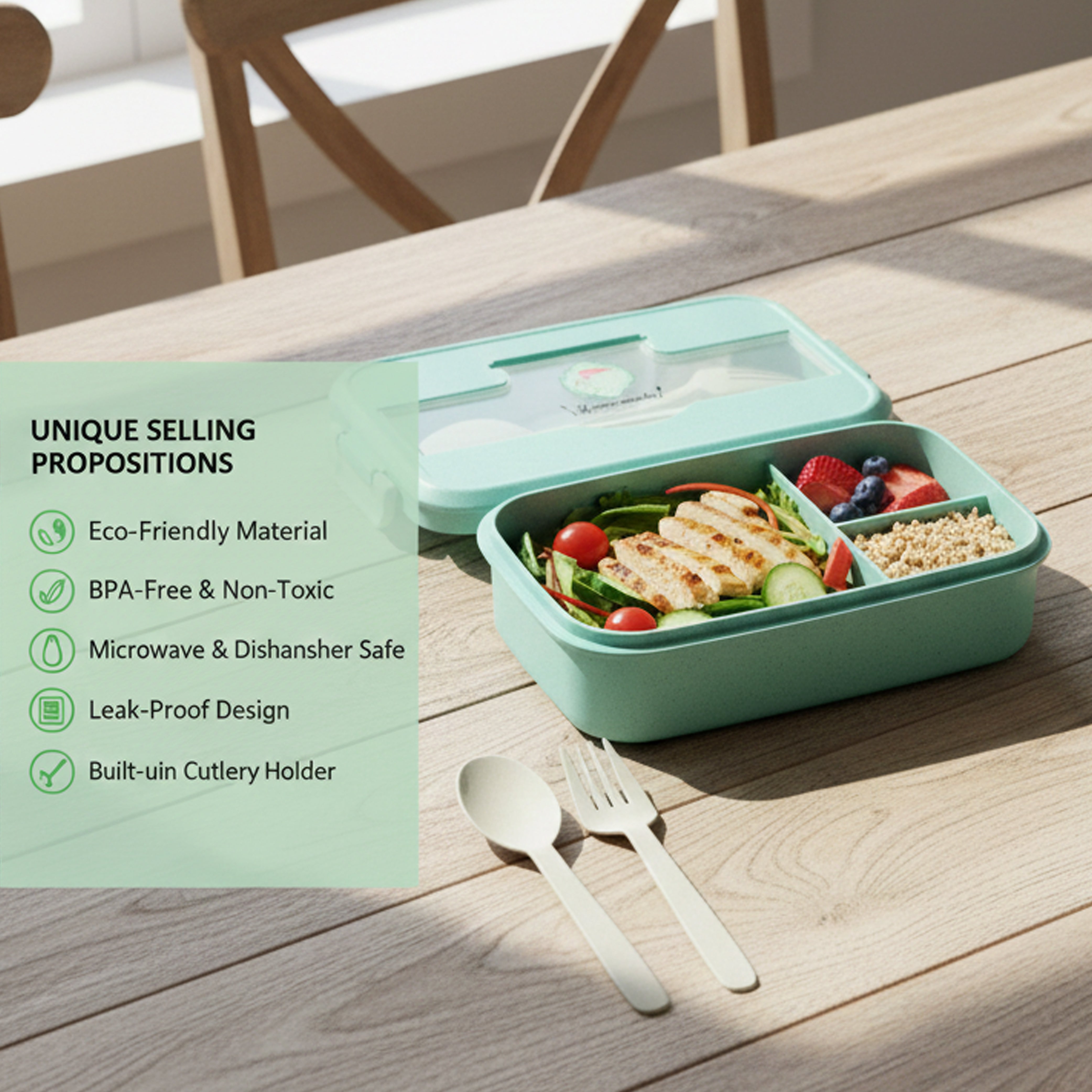 Ajanta BPA-Free Lunch Box for Kids & Adults | 2-Section Meal Box with Snap Lock Lid & Transparent Cutlery Compartment