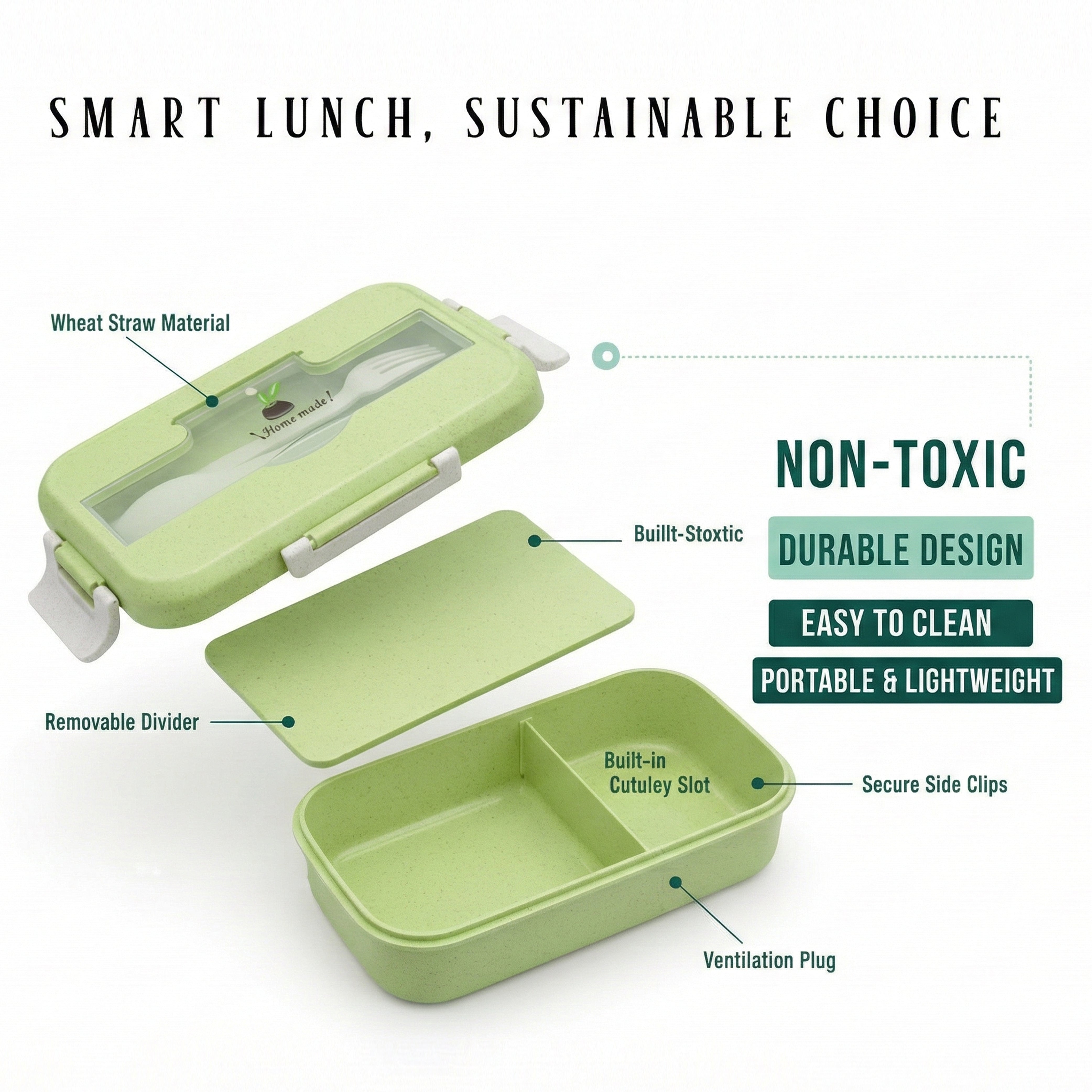 Ajanta BPA-Free 2-Section Lunch Meal Box for Kids with Snap Lock Lid & Transparent Cutlery Compartment