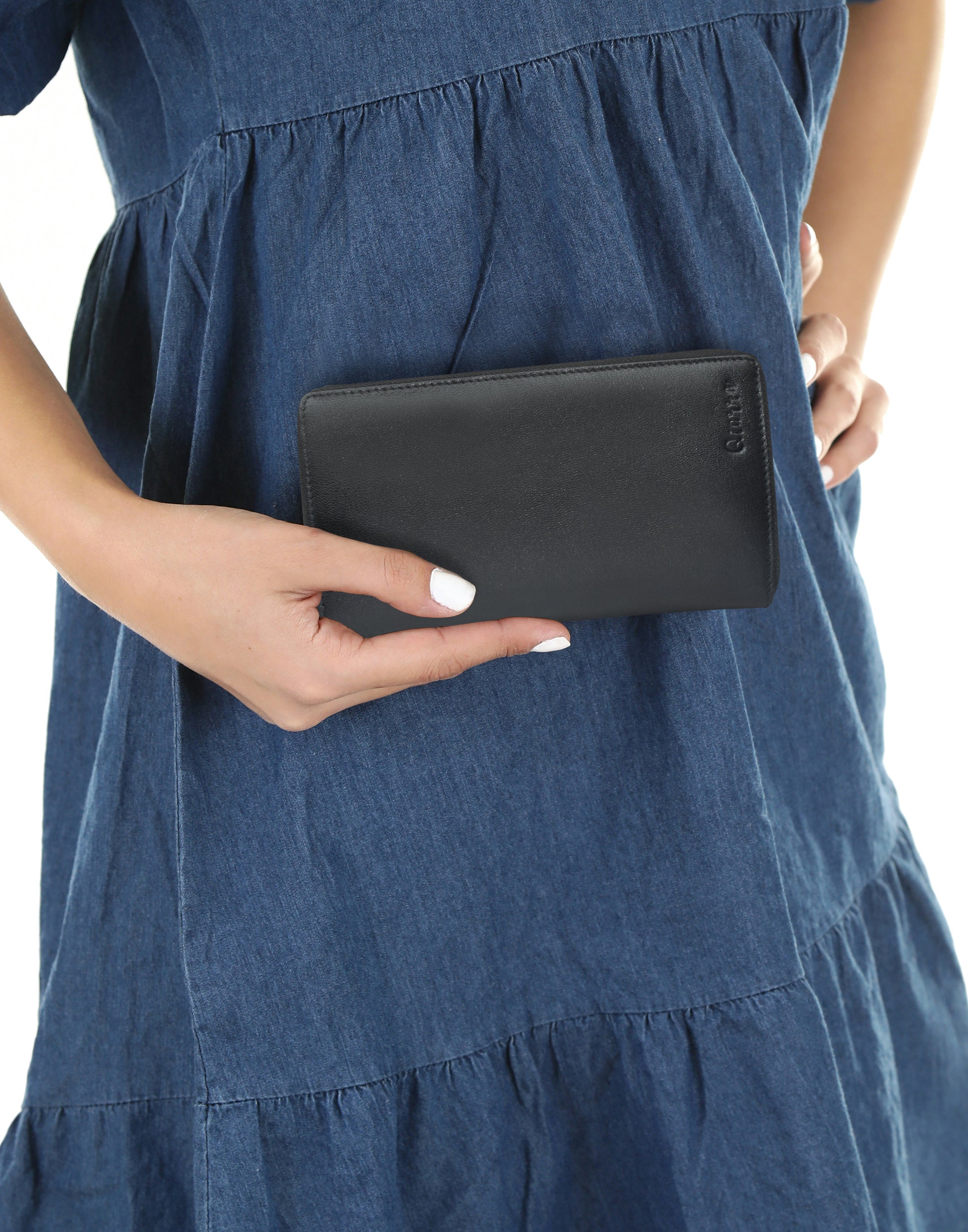 Ajanta Women’s Black Genuine Leather Wallet with Zipper Pockets & Card Slots