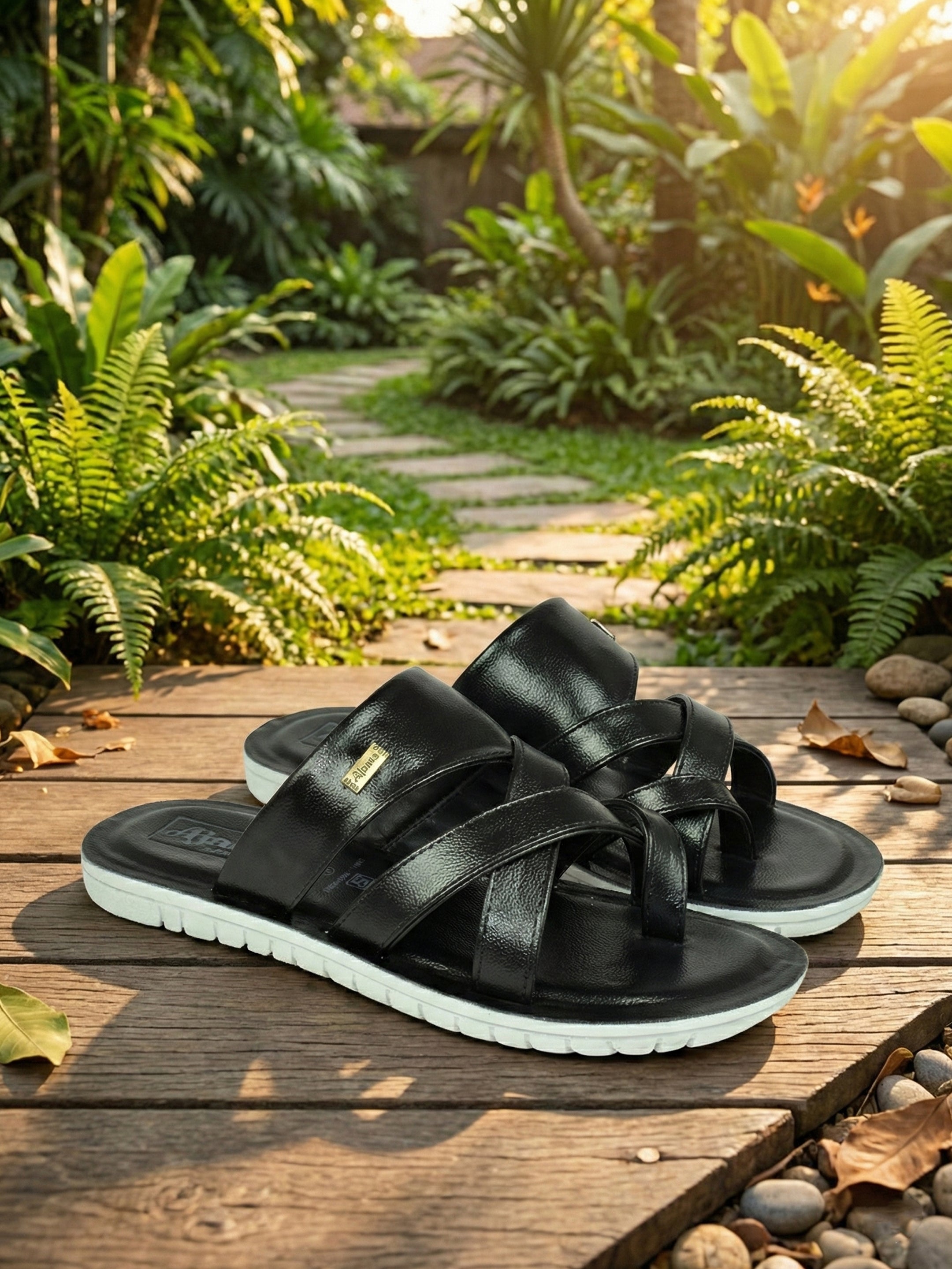 Ajanta Men’s Black Sandal | Lightweight PU Sole | Double Velcro Straps | Outdoor & Daily Wear