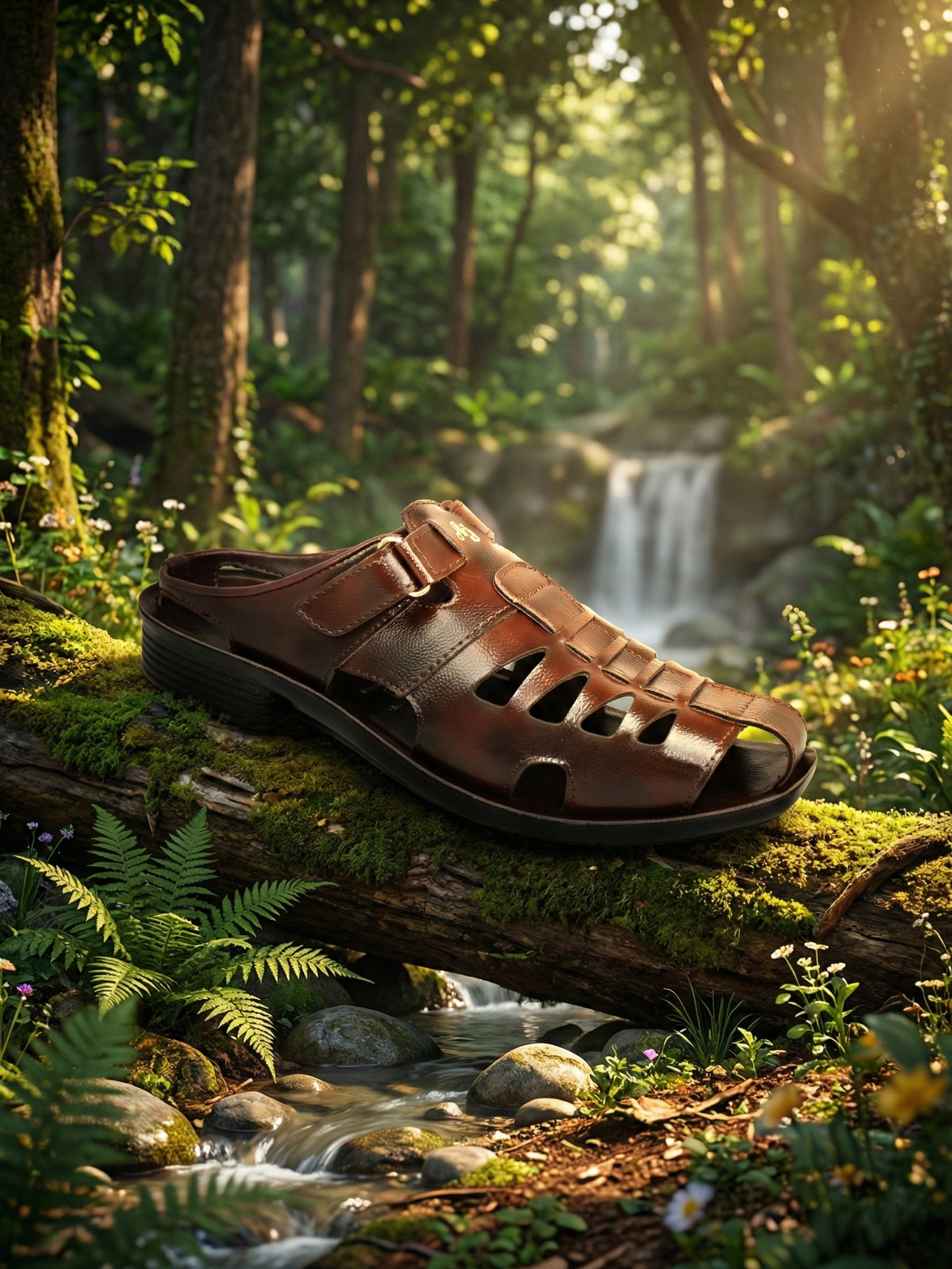 Men’s Stylish Brown Sandal | Semi-Formal Design | Leather-Look Rexine Upper | PU Sole | Velcro Strap