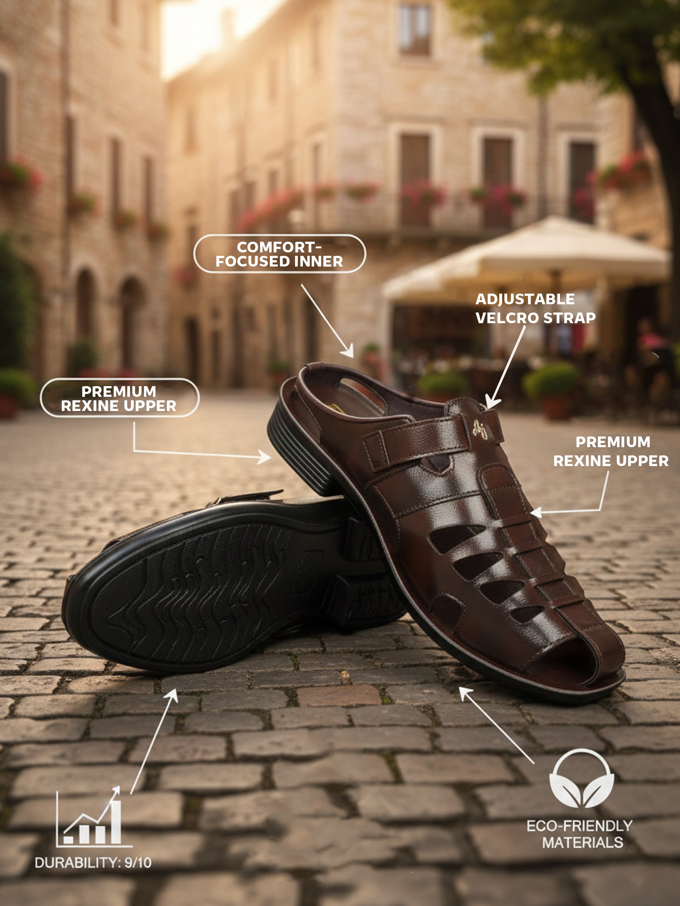 Men’s Stylish Brown Sandal | Semi-Formal Design | Leather-Look Rexine Upper | PU Sole | Velcro Strap