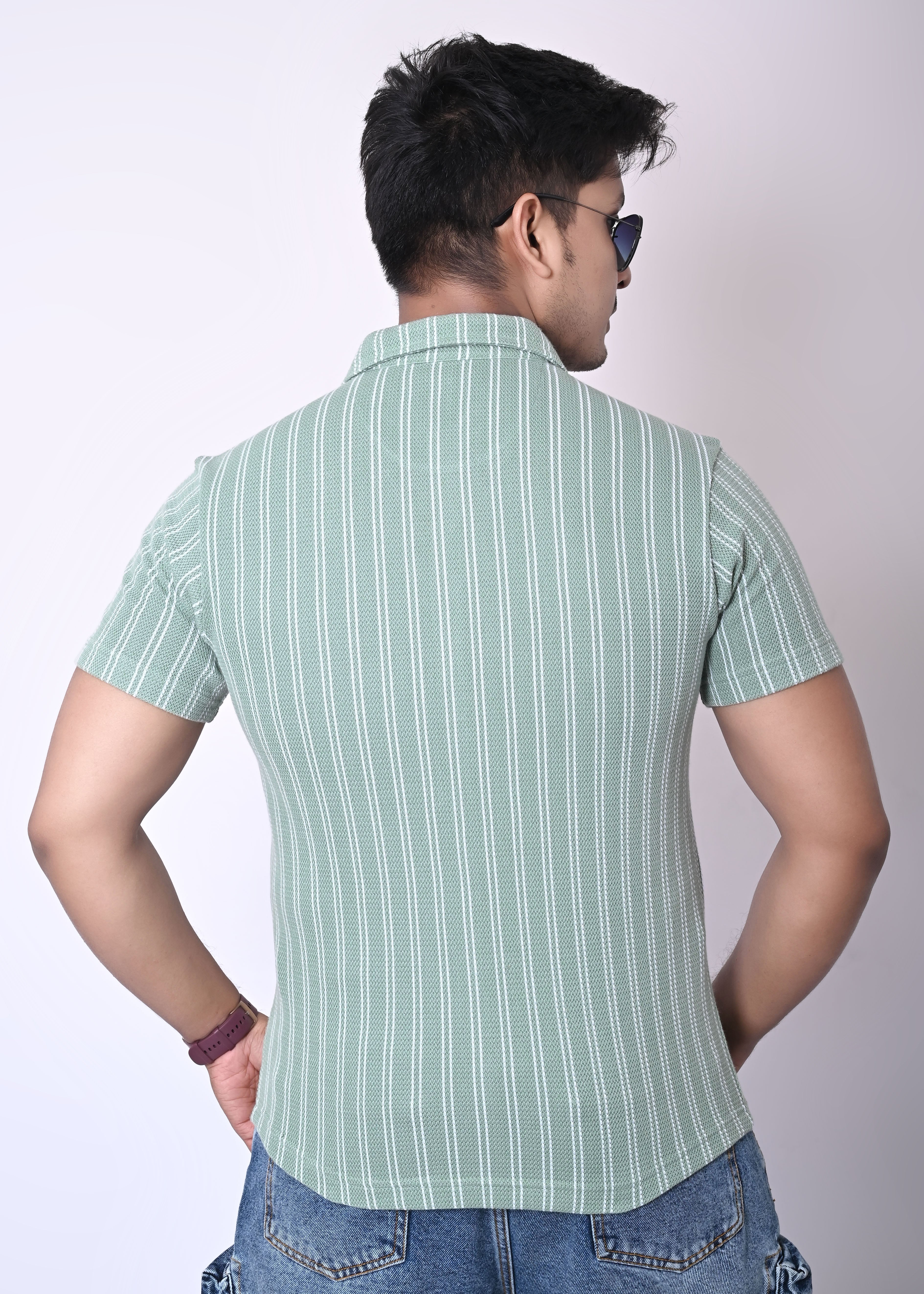 IMPERIO Men Slim Fit Knitted Casual Shirt| Striped Spread Collar With Half Sleeves SC5005