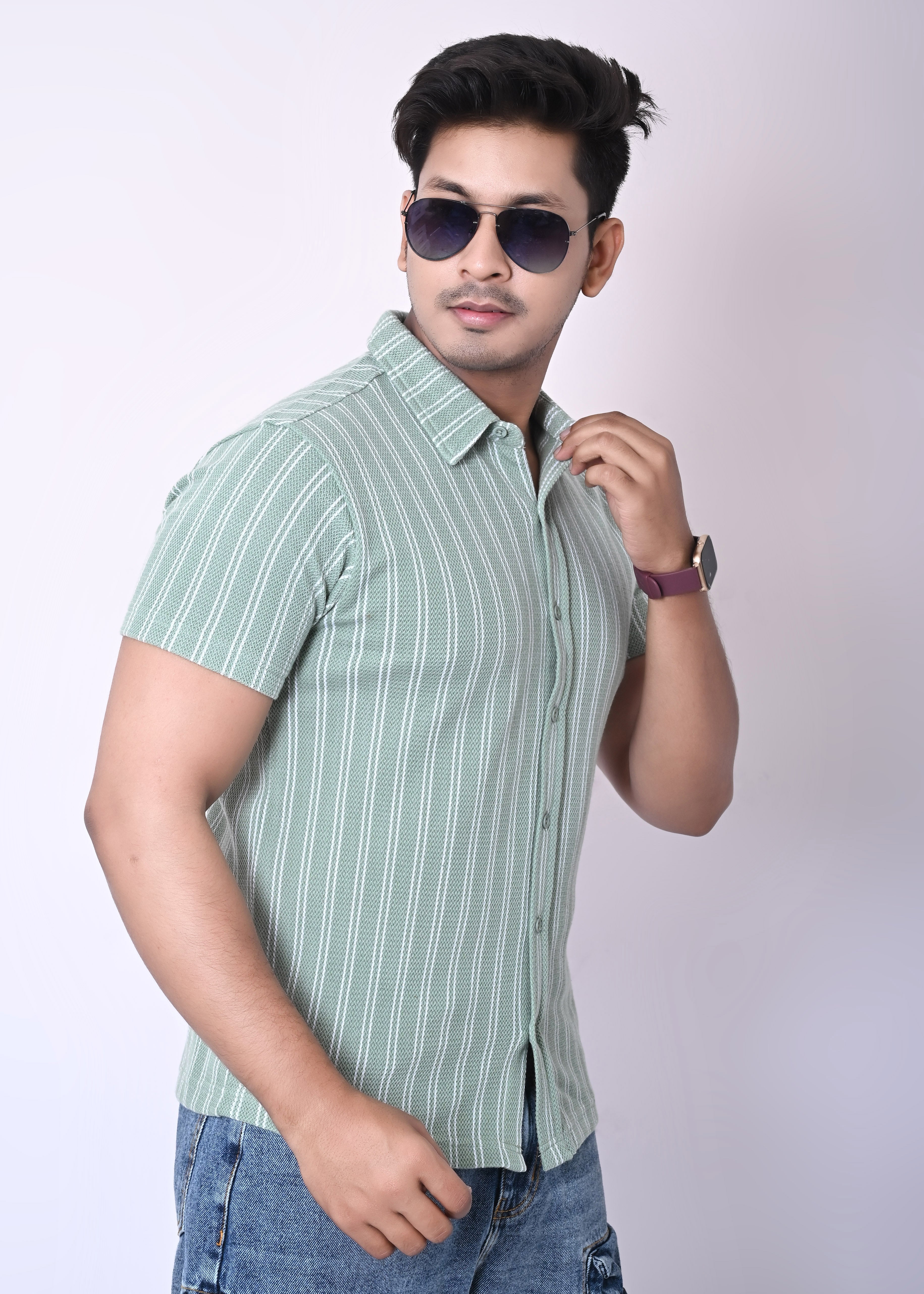 IMPERIO Men Slim Fit Knitted Casual Shirt| Striped Spread Collar With Half Sleeves SC5005