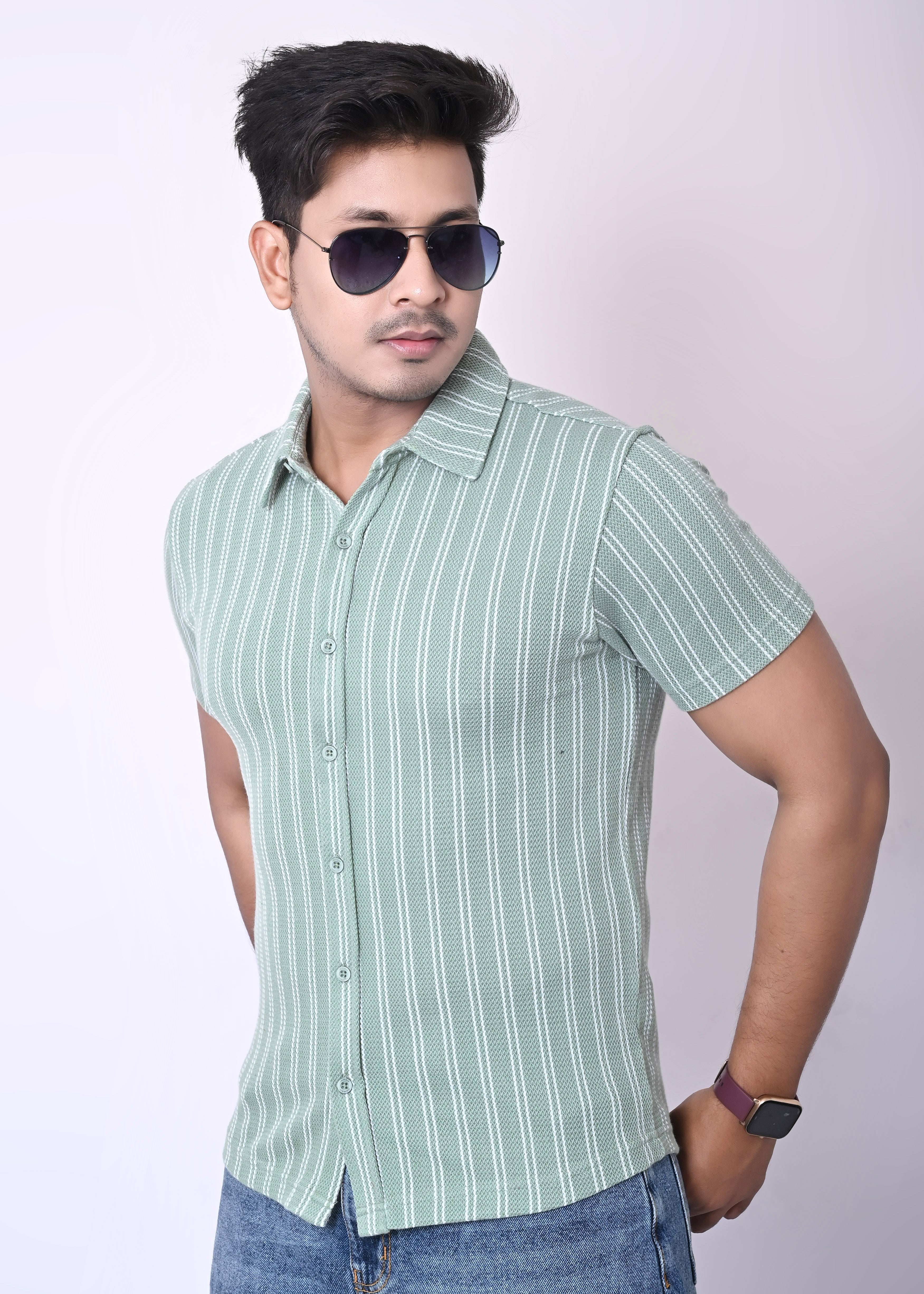 IMPERIO Men Slim Fit Knitted Casual Shirt| Striped Spread Collar With Half Sleeves SC5005