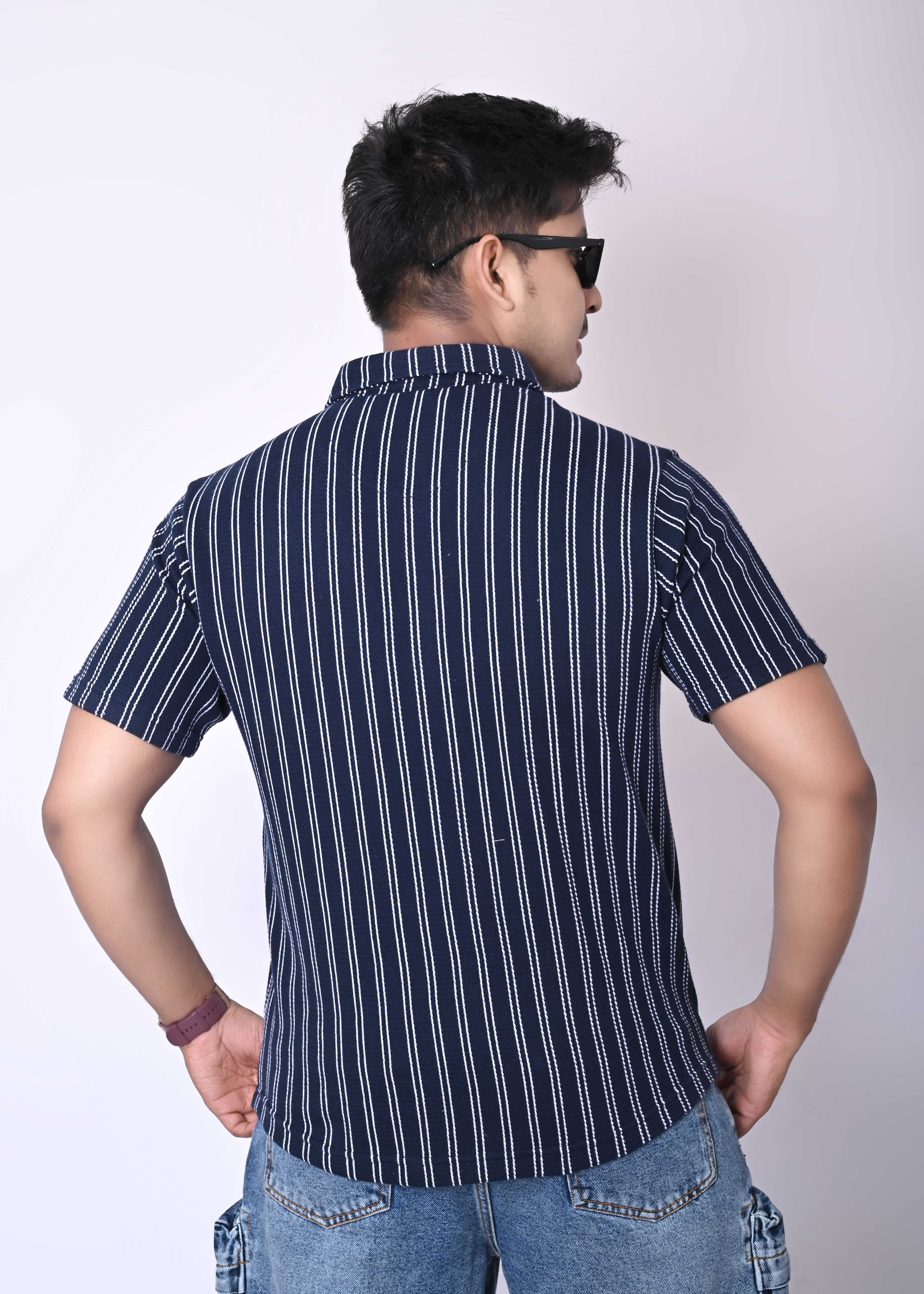 IMPERIO Men Slim Fit Knitted Casual Shirt| Striped Spread Collar With Half Sleeves SC5006