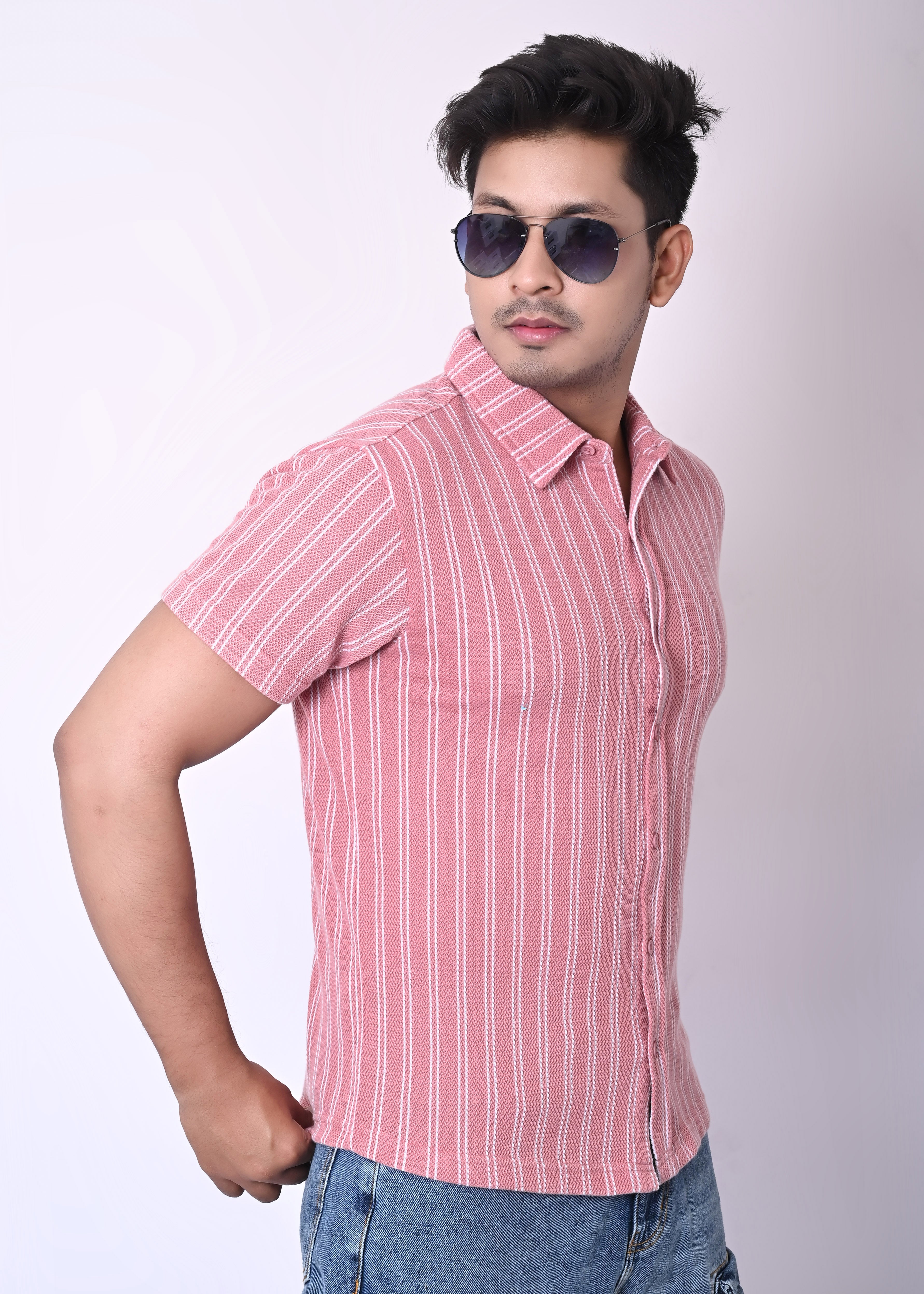IMPERIO Men Slim Fit Knitted Casual Shirt| Striped Spread Collar With Half Sleeves SC5007