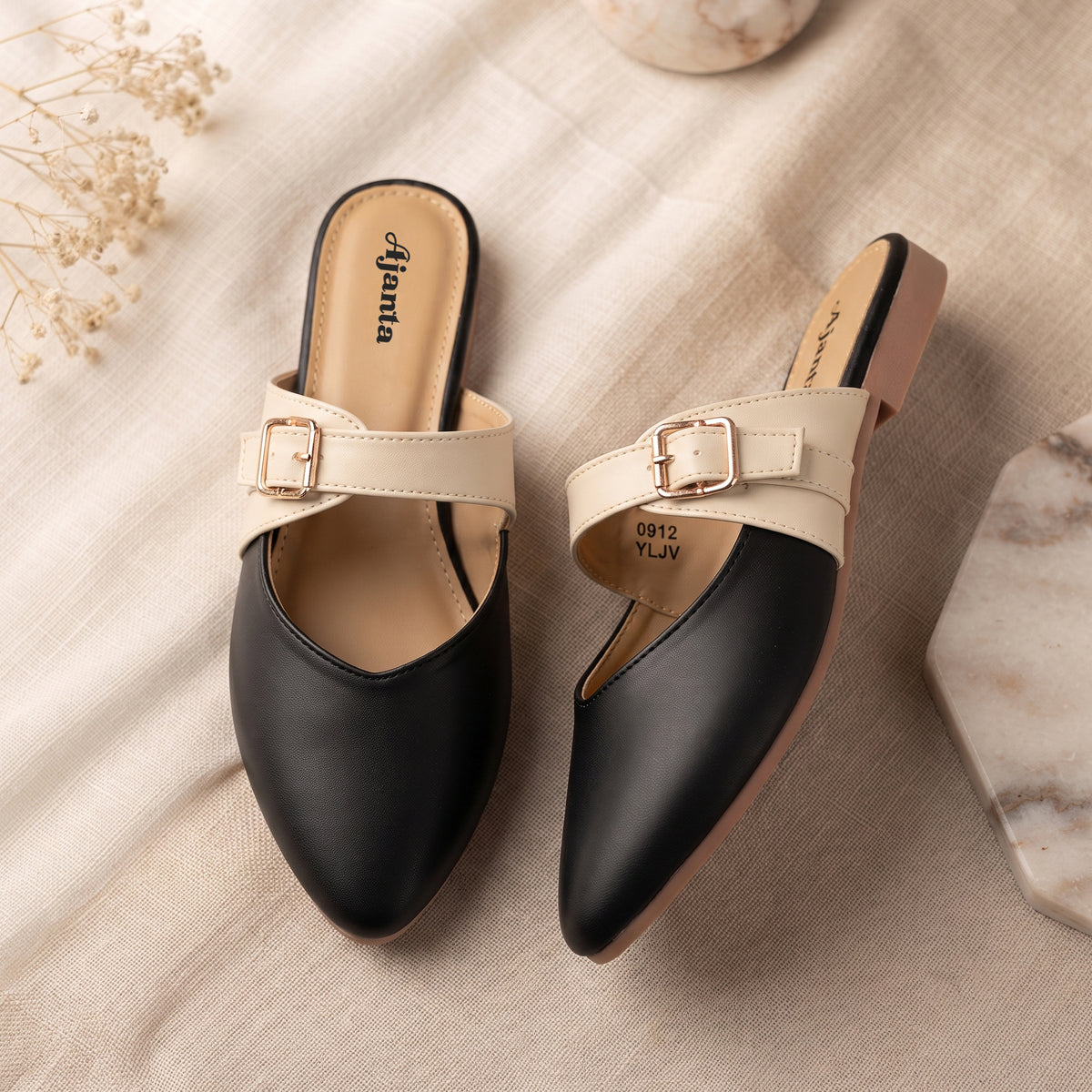 AJANTA Dual-Tone Classique Women’s Pointed Toe Mules | Stylish Flat Buckled Backless Ladies Half Shoes | Comfortable Two-Tone Formal Loafer Slides & Party, Office Wear Flats | Casual Jutti Style Footwear