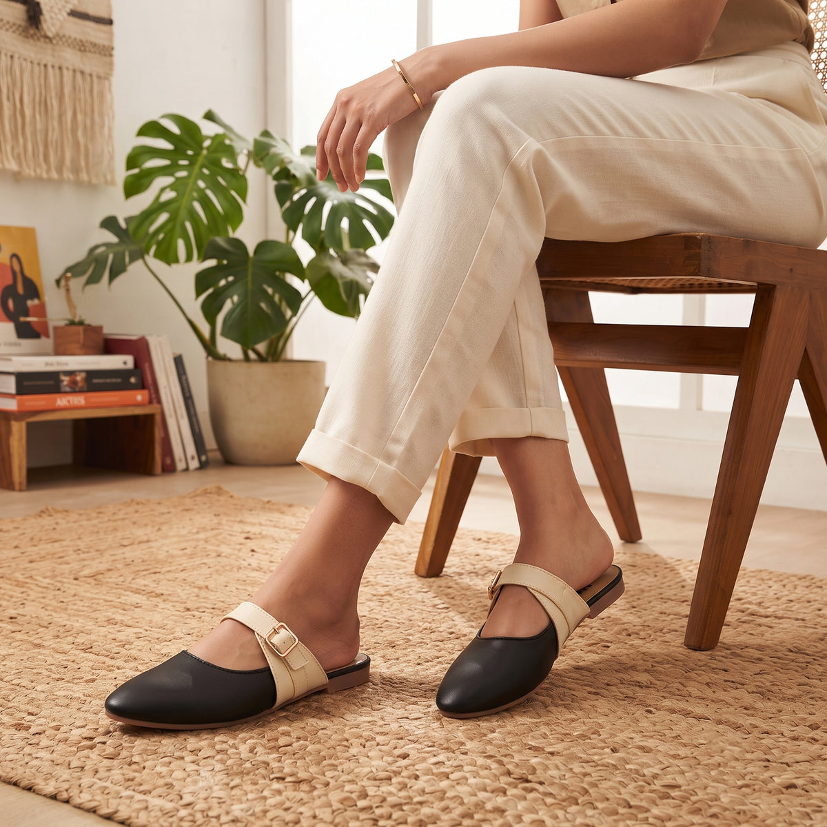 AJANTA Dual-Tone Classique Women’s Pointed Toe Mules | Stylish Flat Buckled Backless Ladies Half Shoes | Comfortable Two-Tone Formal Loafer Slides & Party, Office Wear Flats | Casual Jutti Style Footwear