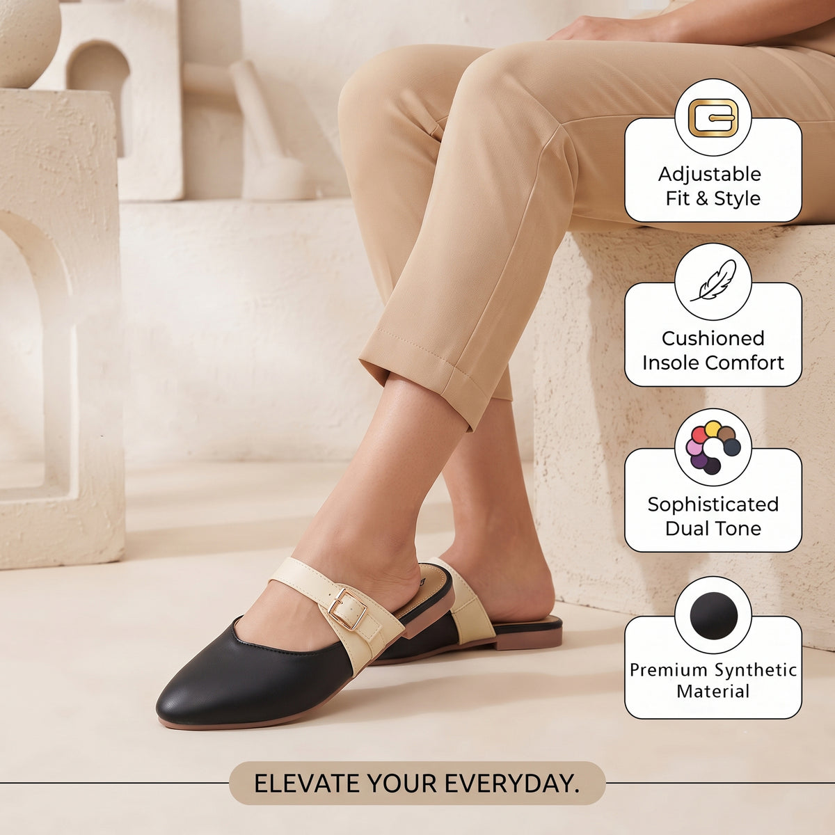 AJANTA Dual-Tone Classique Women’s Pointed Toe Mules | Stylish Flat Buckled Backless Ladies Half Shoes | Comfortable Two-Tone Formal Loafer Slides & Party, Office Wear Flats | Casual Jutti Style Footwear