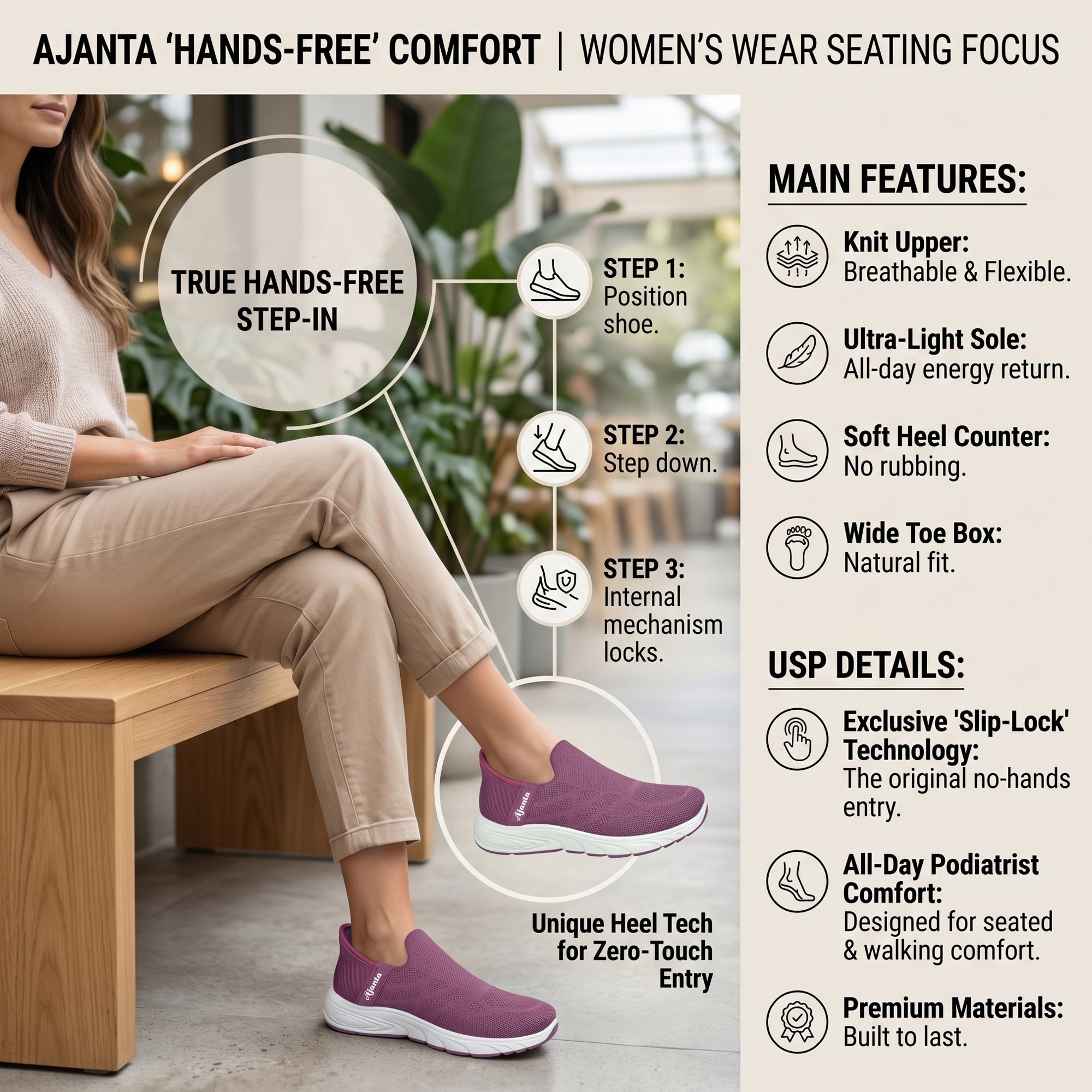 AJANTA Hands-Free Slip On Shoes for Women | Walking Shoes for Women | Sports Shoes | Lightweight Breathable Running Sneakers | Memory Foam Cushion | Gym, Office, Travel, Casual Shoes Black