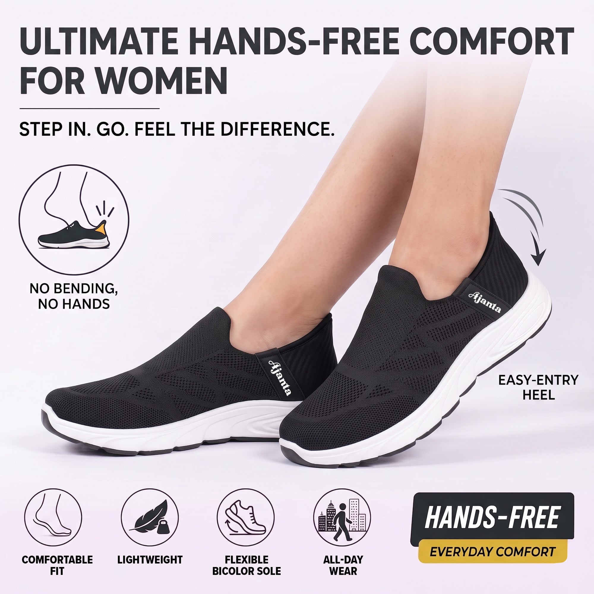 AJANTA Hands-Free Slip On Shoes for Women | Walking Shoes for Women | Sports Shoes | Lightweight Breathable Running Sneakers | Memory Foam Cushion | Gym, Office, Travel, Casual Shoes Black