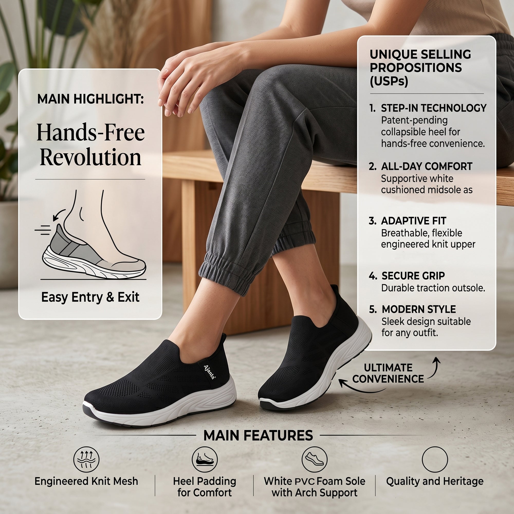 AJANTA Hands-Free Slip On Shoes for Women | Walking Shoes for Women | Sports Shoes | Lightweight Breathable Running Sneakers | Memory Foam Cushion | Gym, Office, Travel, Casual Shoes Black