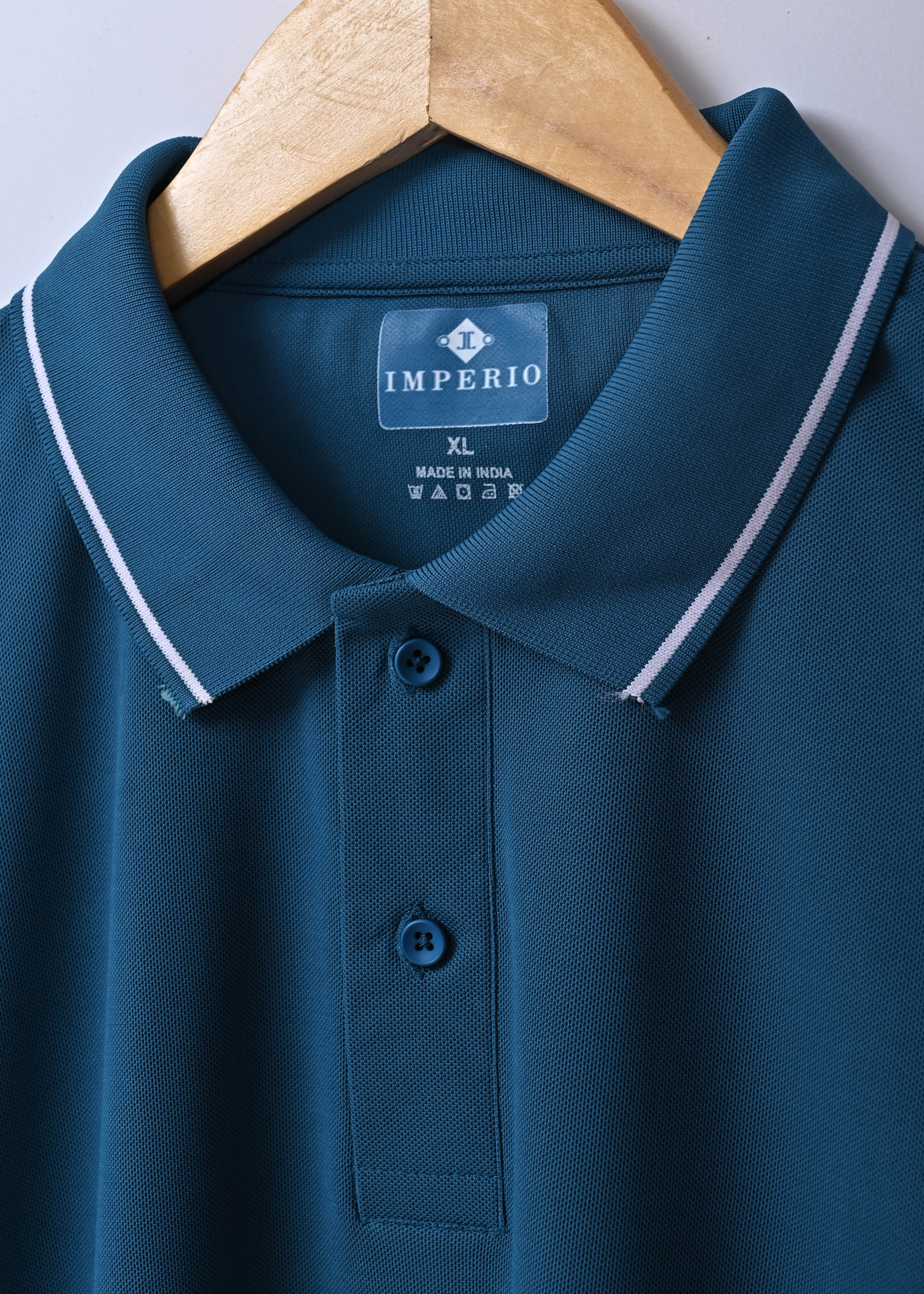 Imperio  Men Solid Polo Neck Polyester Blue T-Shirt TC5001