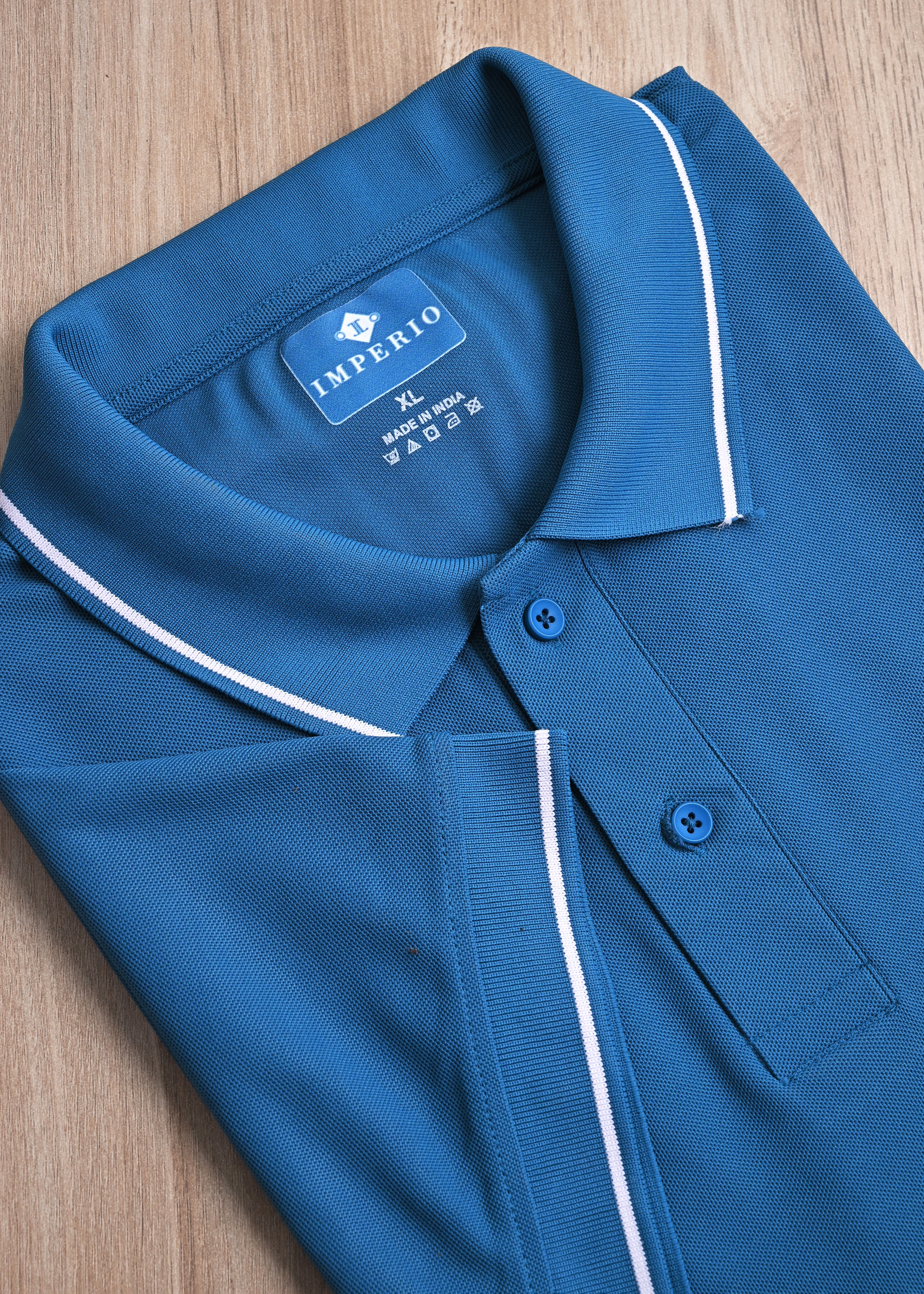 Imperio  Men Solid Polo Neck Polyester Blue T-Shirt TC5001