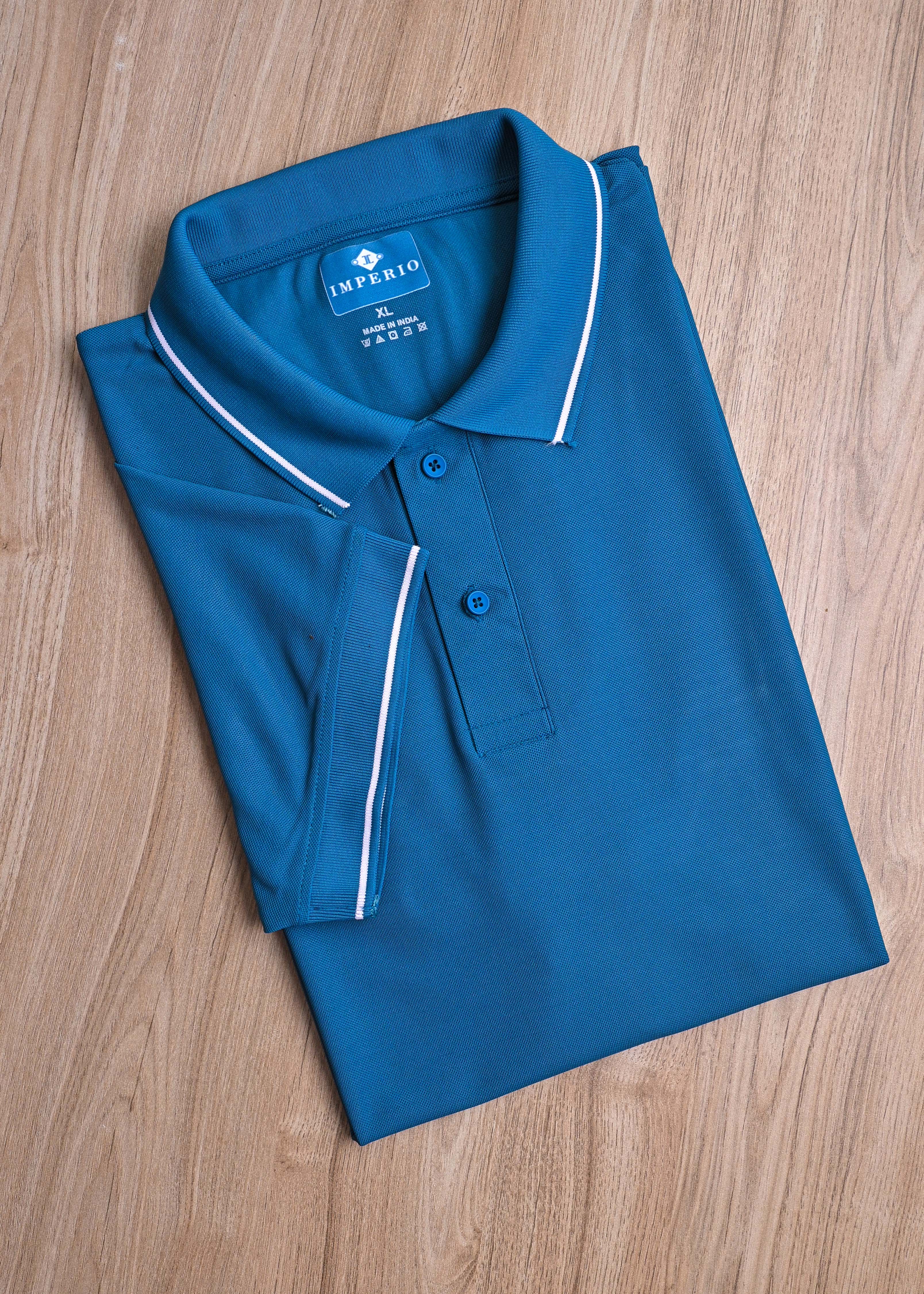 Imperio  Men Solid Polo Neck Polyester Blue T-Shirt TC5001