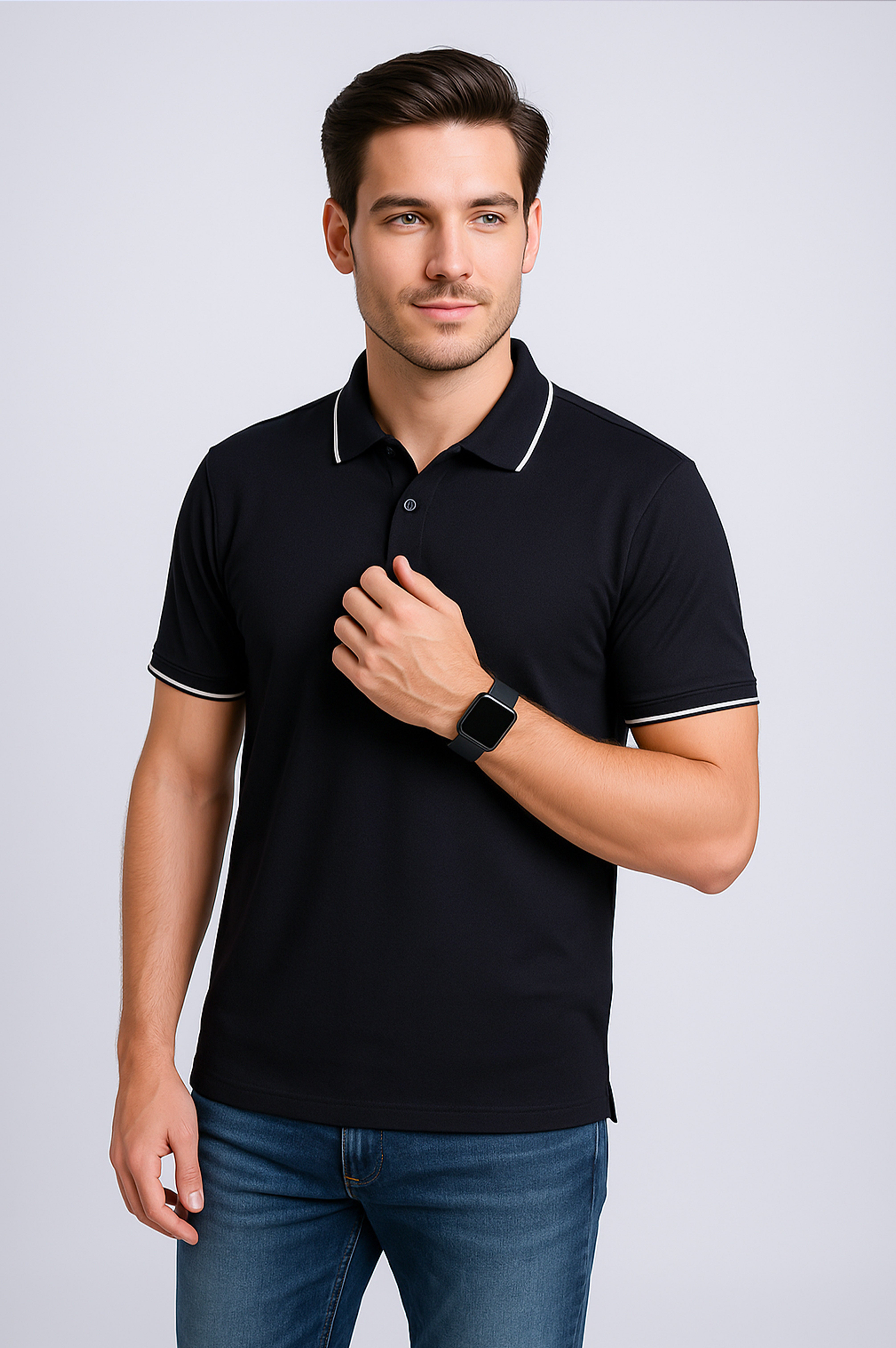 Imperio  Men Solid Polo Neck Polyester Black T-Shirt TC5003