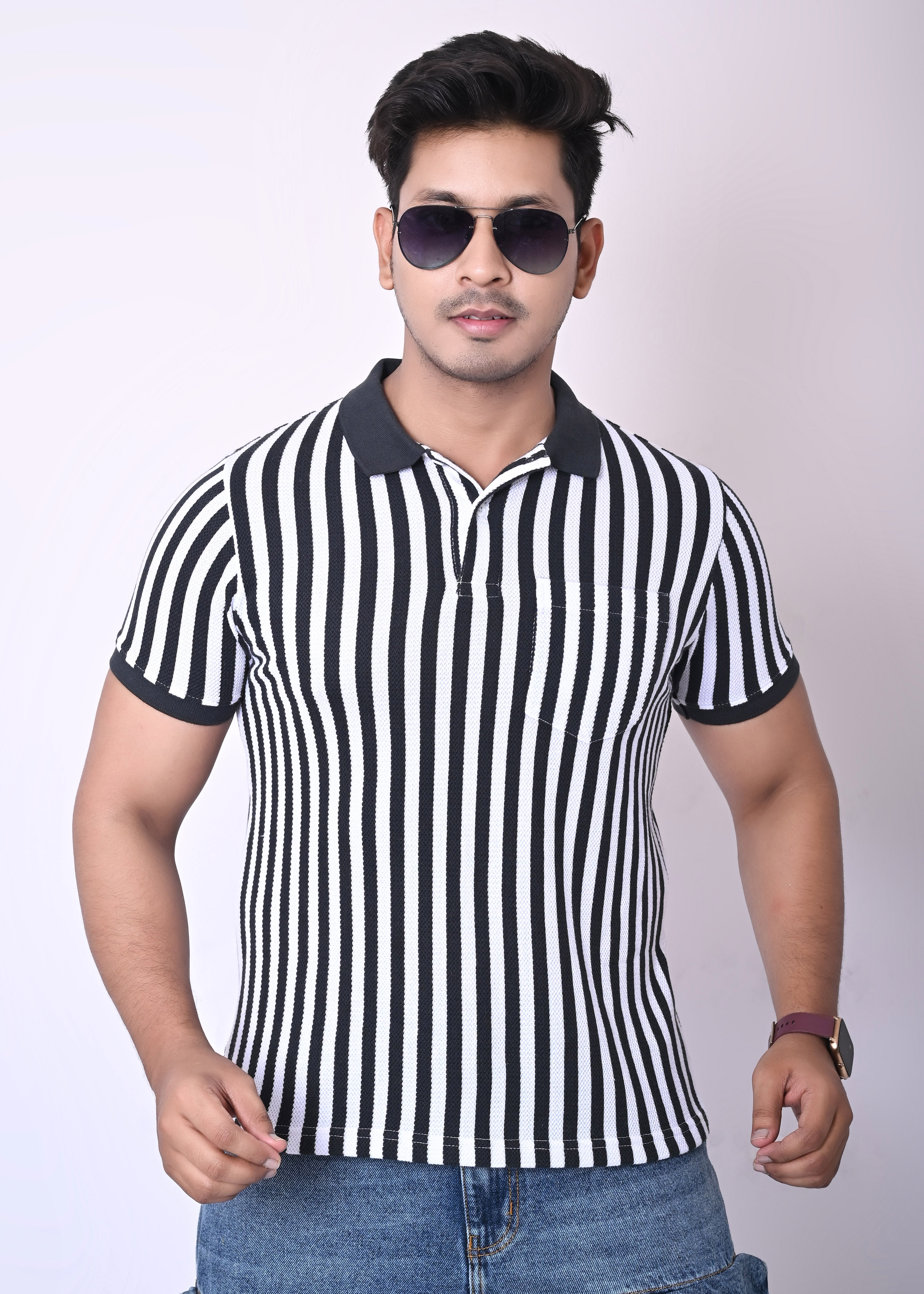 Imperio Men Regular Fit Striped Casual Half Sleeves Polo Collar T-Shirts
