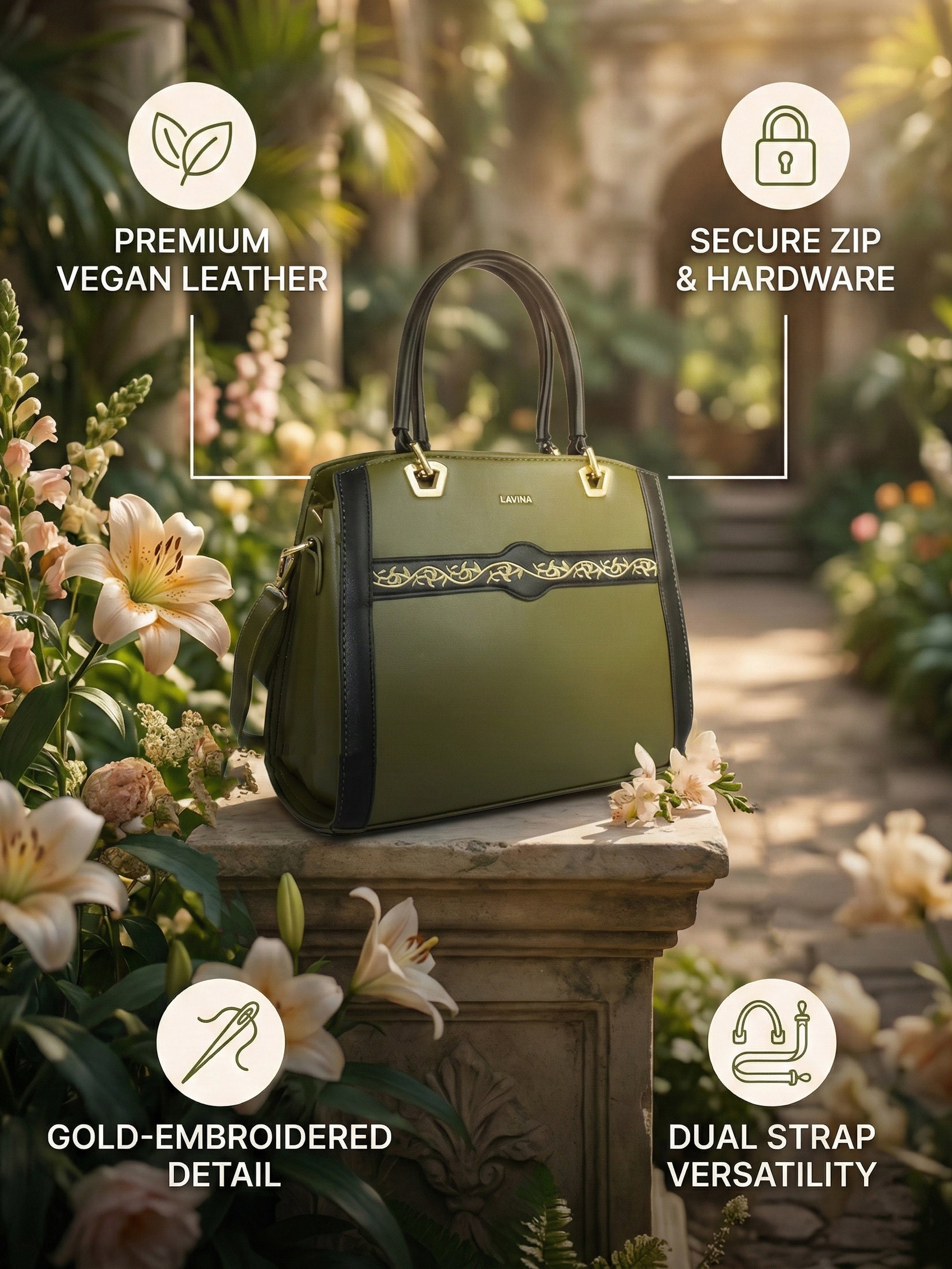 Ajanta Ladies Olive Handbag with Detachable Sling Strap and Top Handle