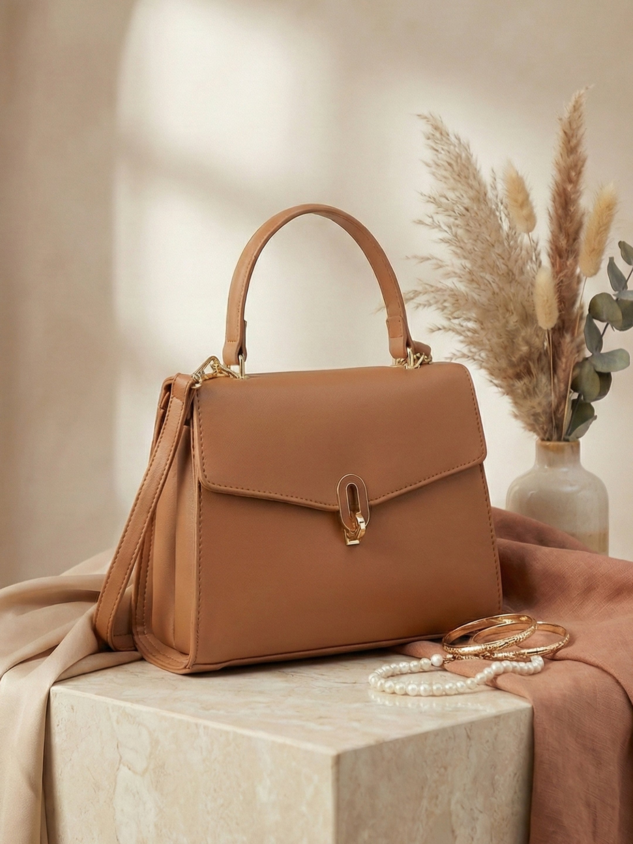 Ajanta Women’s Tan Sling bag with Detachable Strap & Top Handle