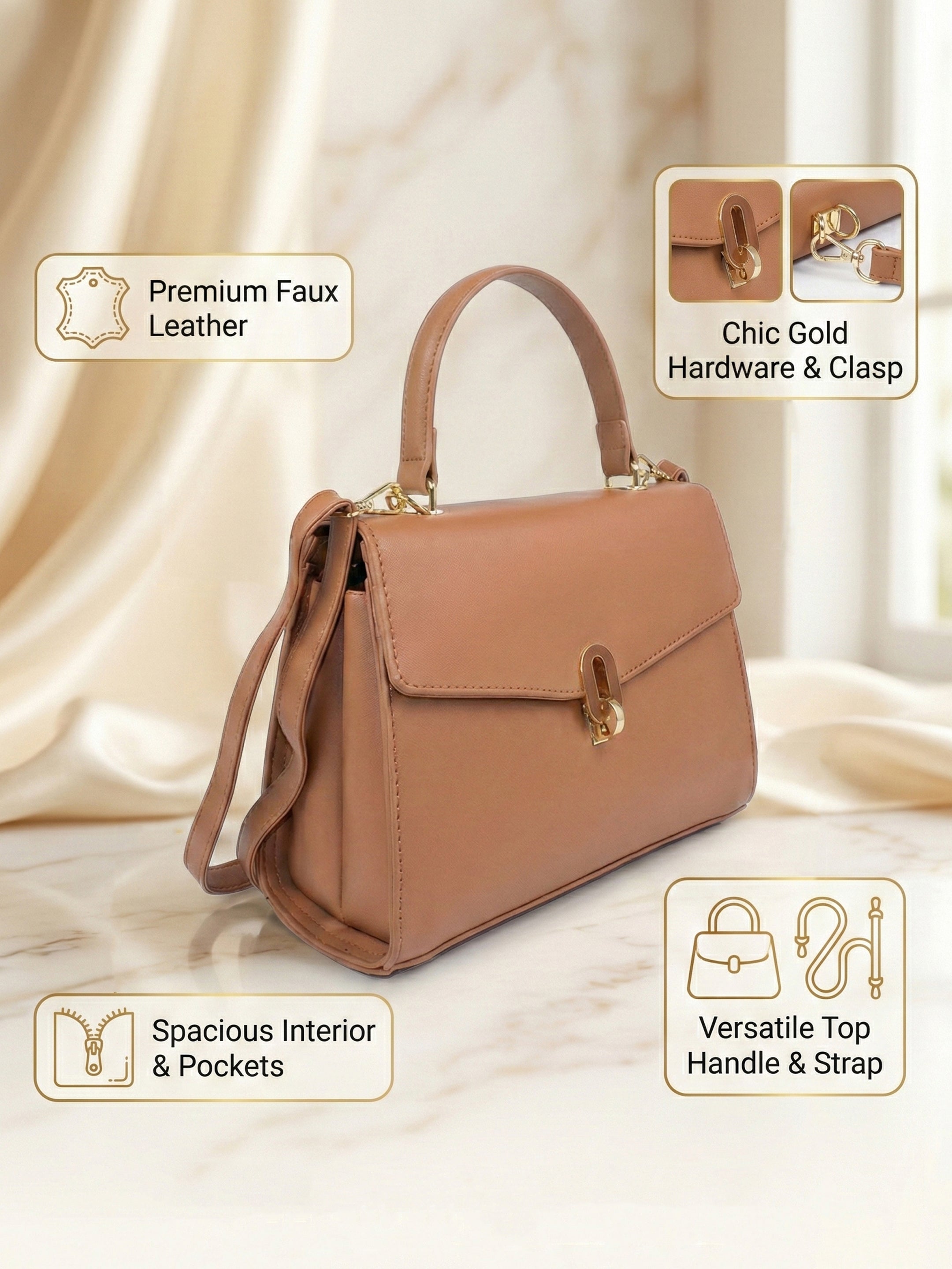 Ajanta Women’s Tan Sling bag with Detachable Strap & Top Handle